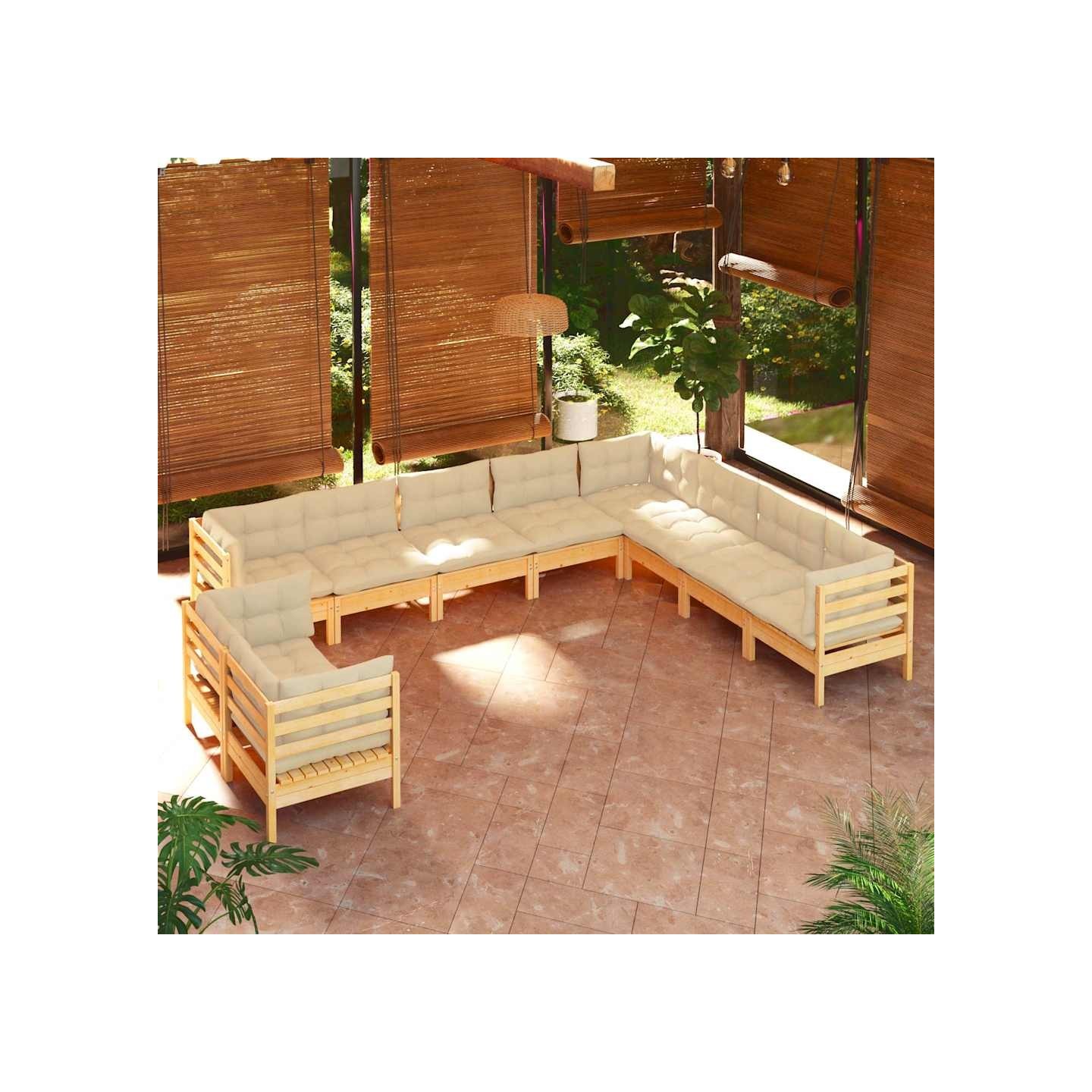 Salon de jardin 10 pcs avec coussins crème bois de pin massif