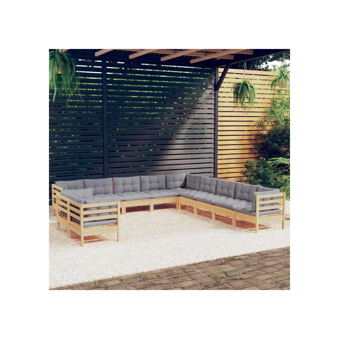 Salon de jardin 11 pcs avec coussins gris Bois de pin solide