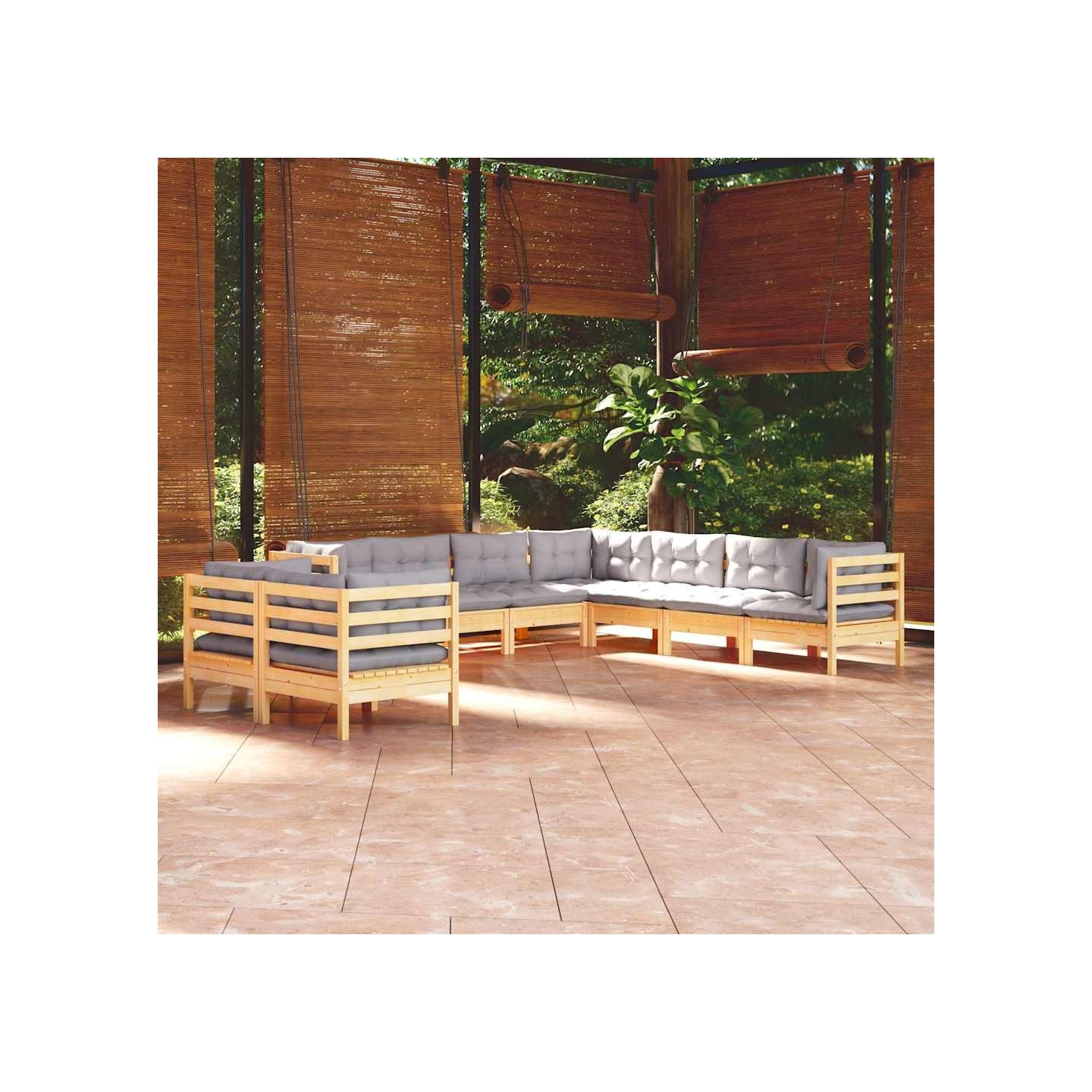 Salon de jardin 9 pcs avec coussins gris bois de pin massif