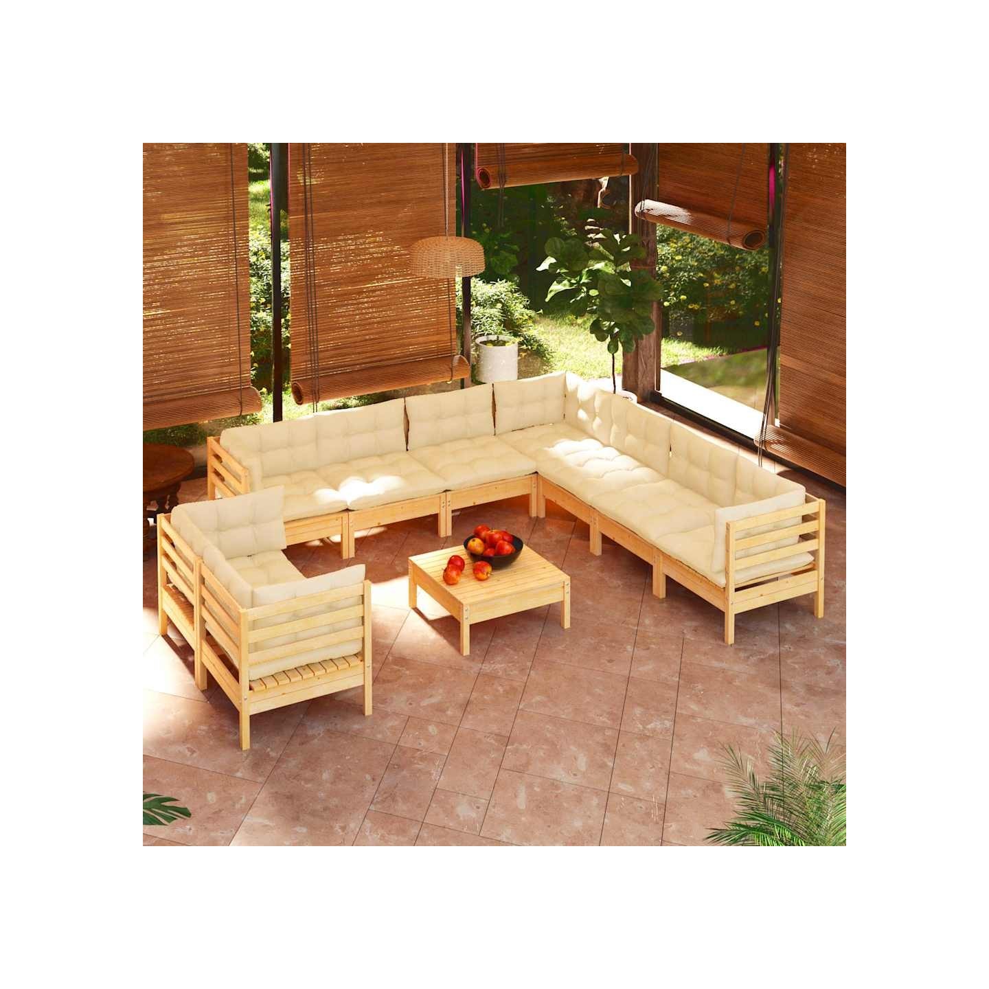 Salon de jardin 10 pcs avec coussins crème bois de pin massif