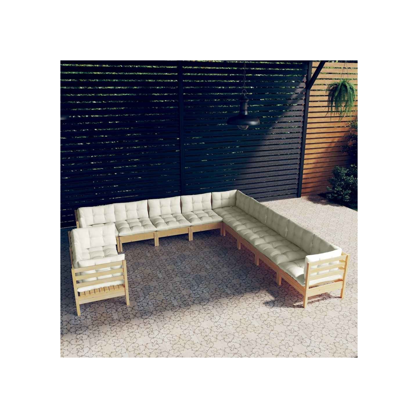 Salon de jardin 11 pcs avec coussins crème Bois de pin solide