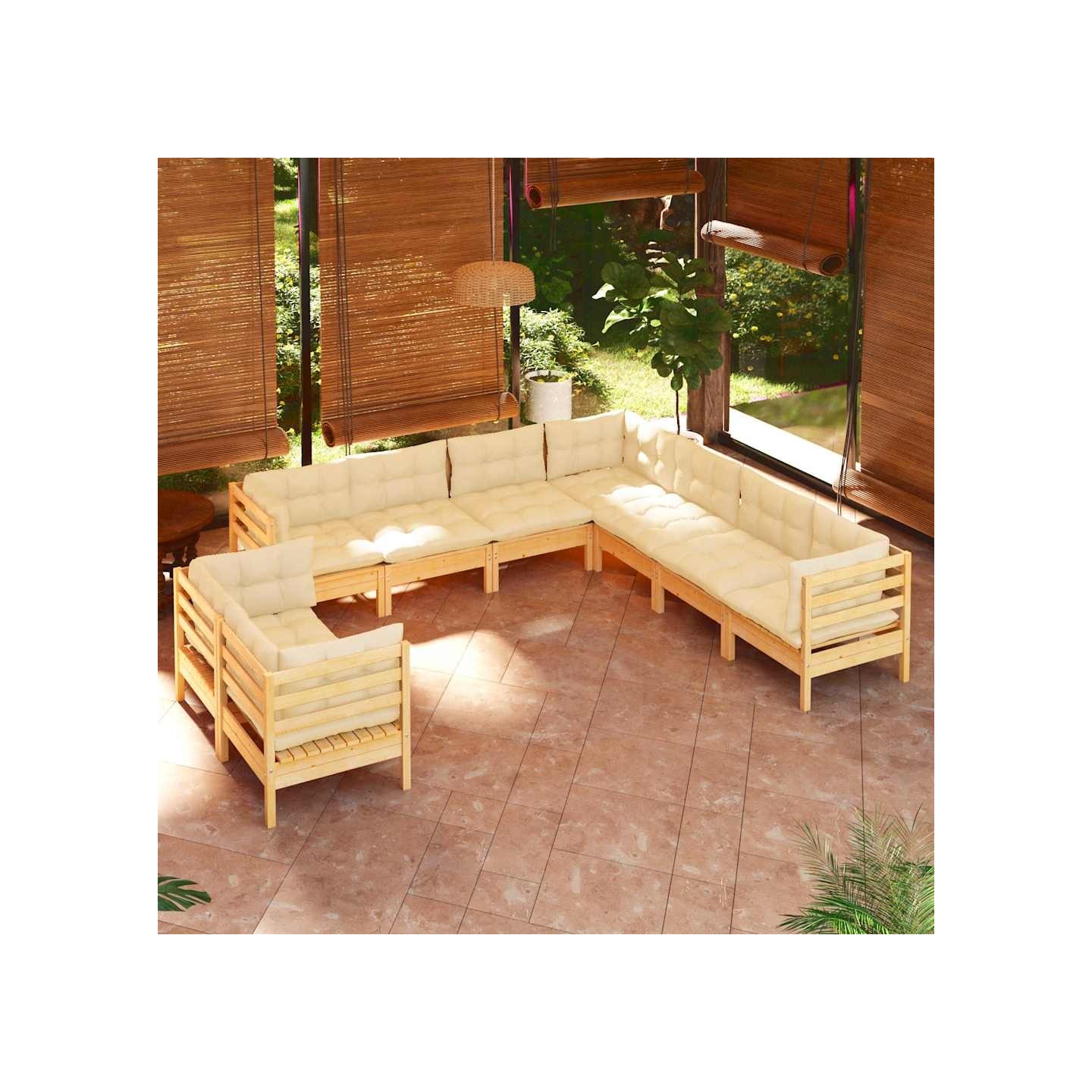 Salon de jardin 9 pcs avec coussins crème bois de pin massif