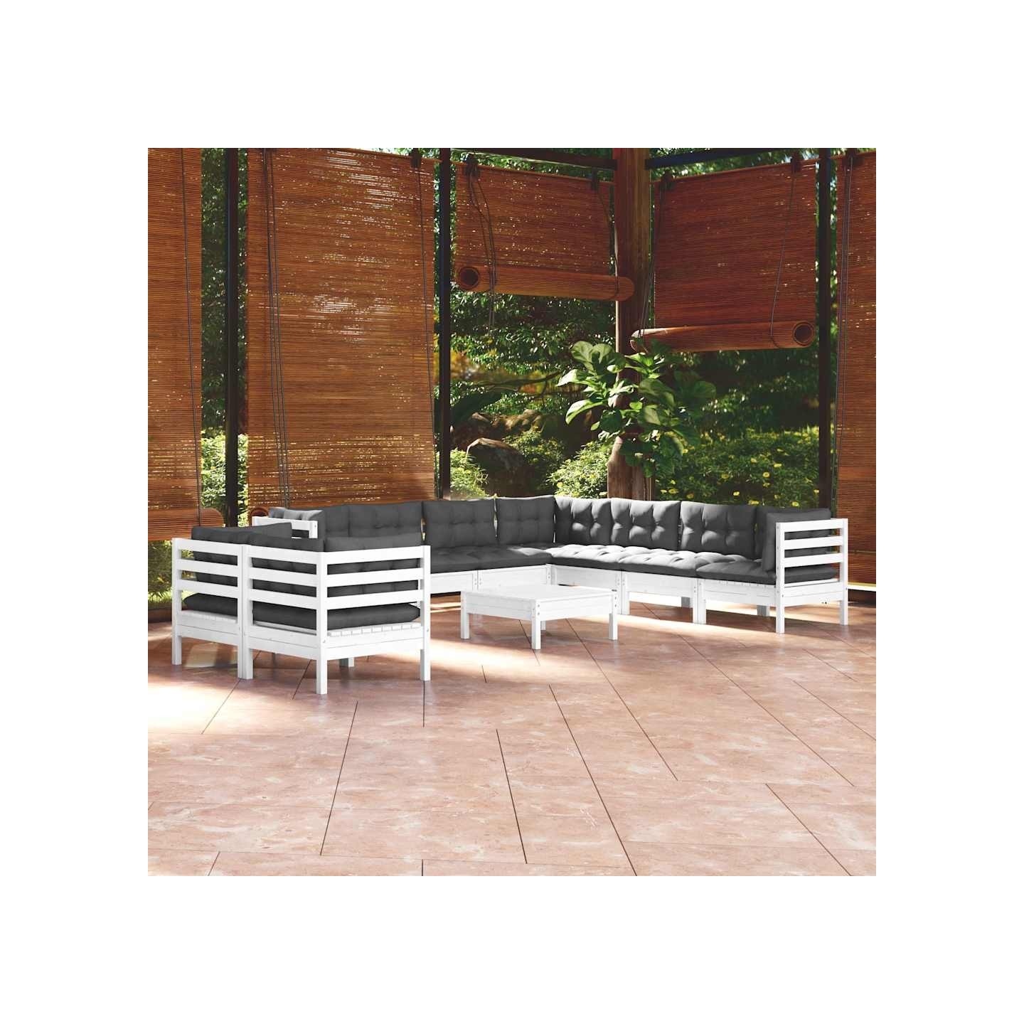 Salon de jardin 10 pcs avec coussins blanc bois de pin massif