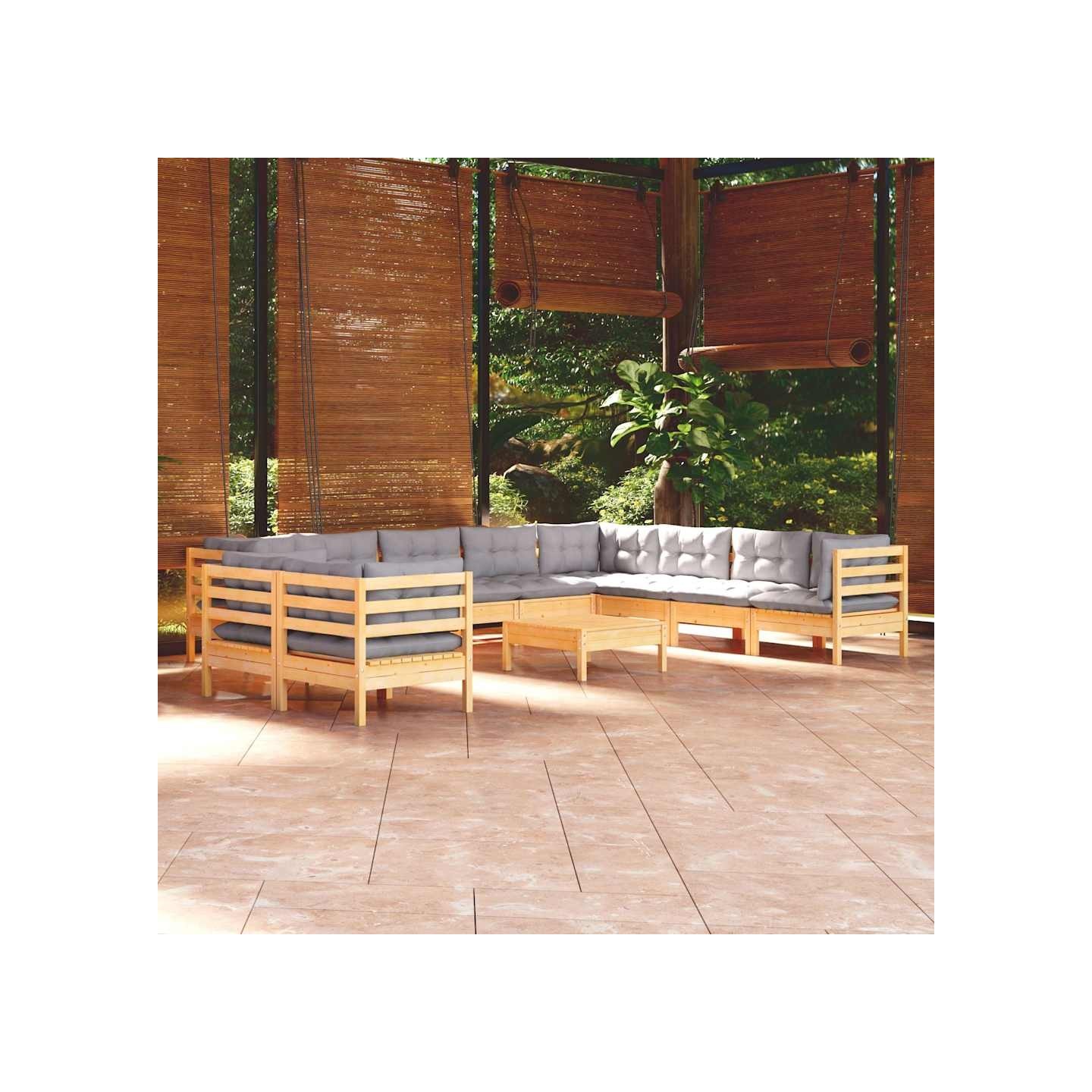 Salon de jardin 11 pcs avec coussins gris Bois de pin solide