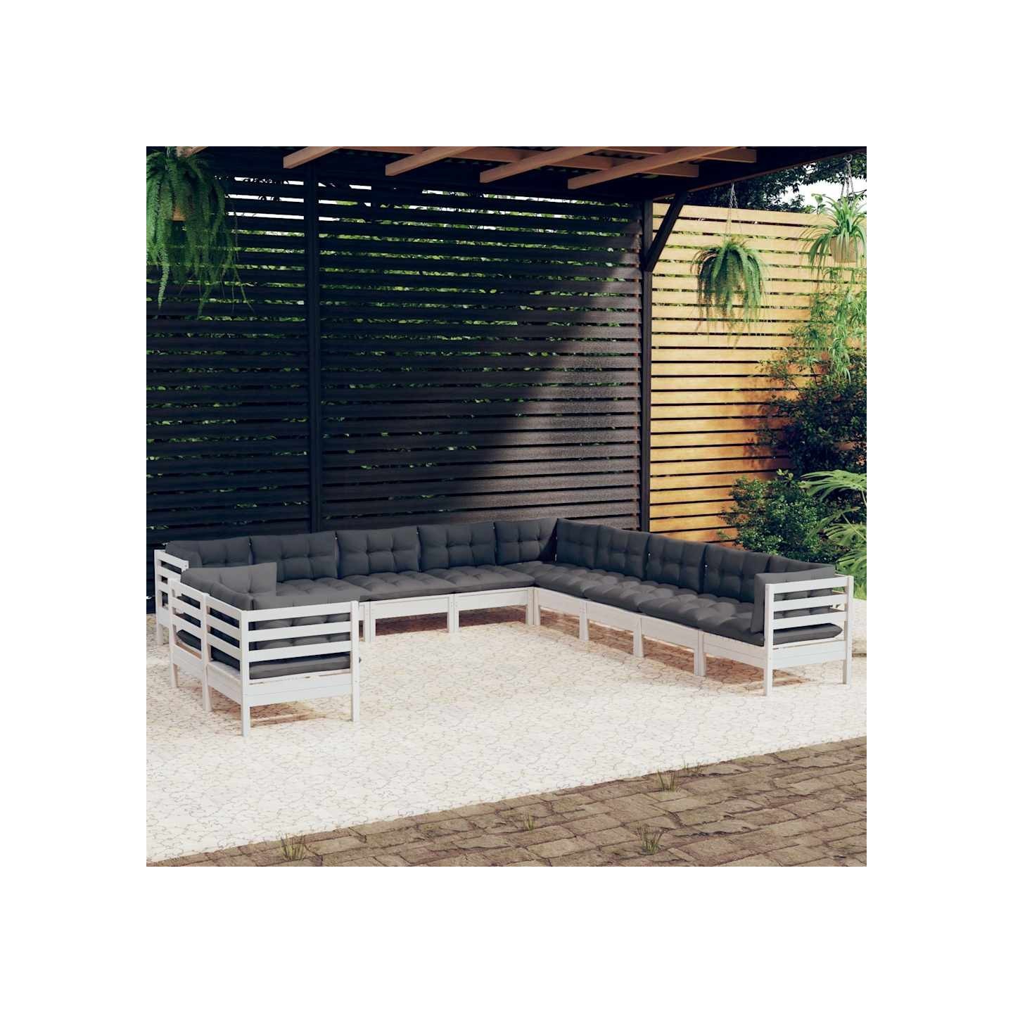 Salon de jardin 11 pcs avec coussins blanc bois de pin solide