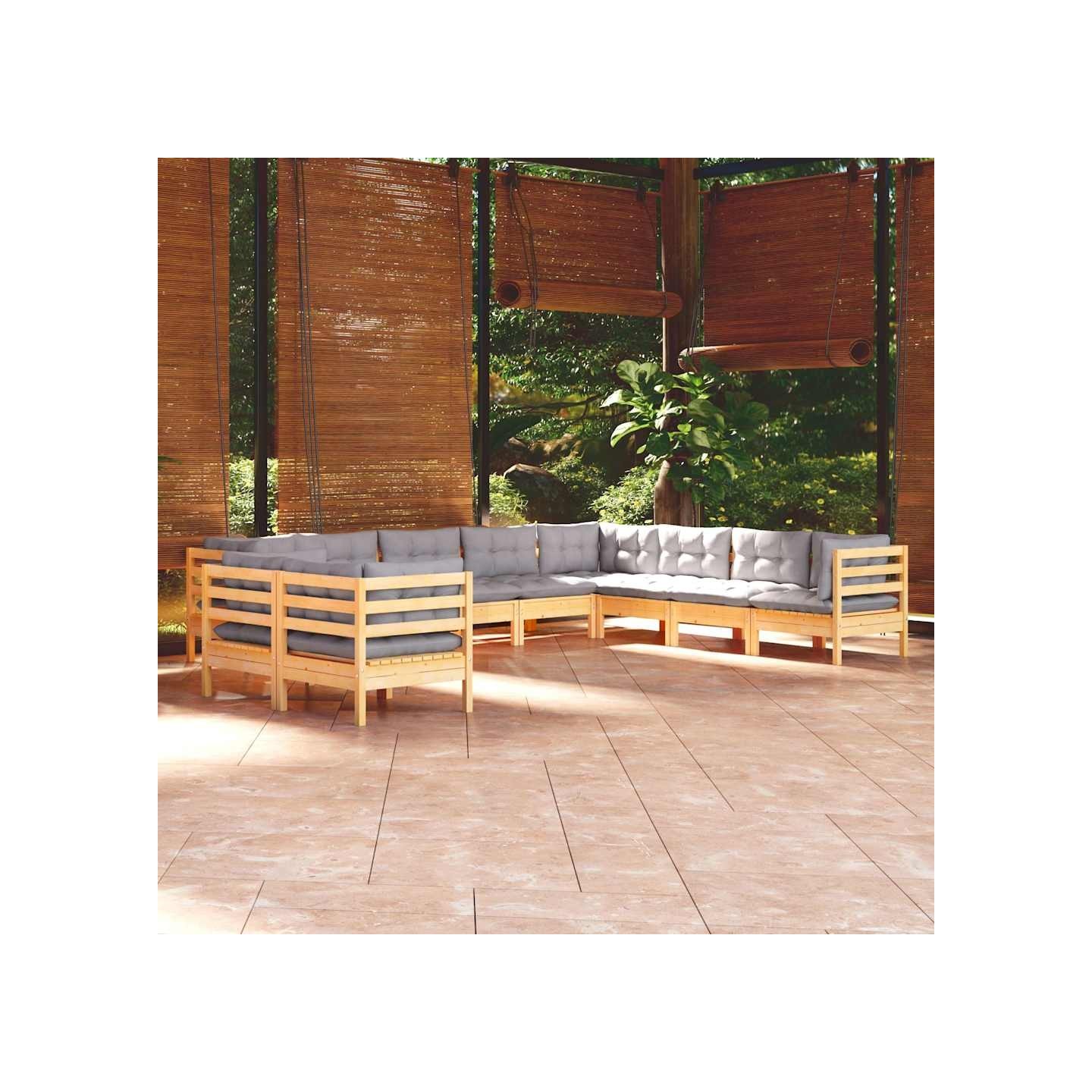 Salon de jardin 10 pcs avec coussins gris bois de pin massif