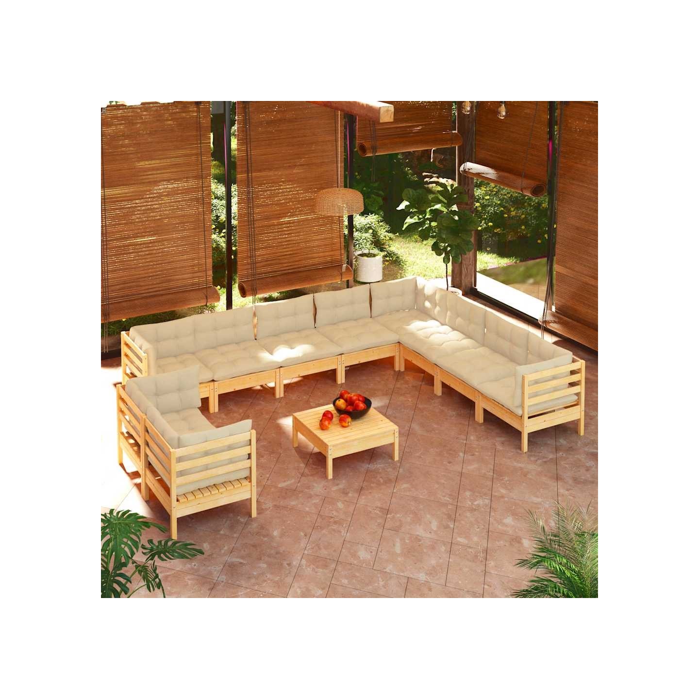 Salon de jardin 11 pcs avec coussins crème Bois de pin solide