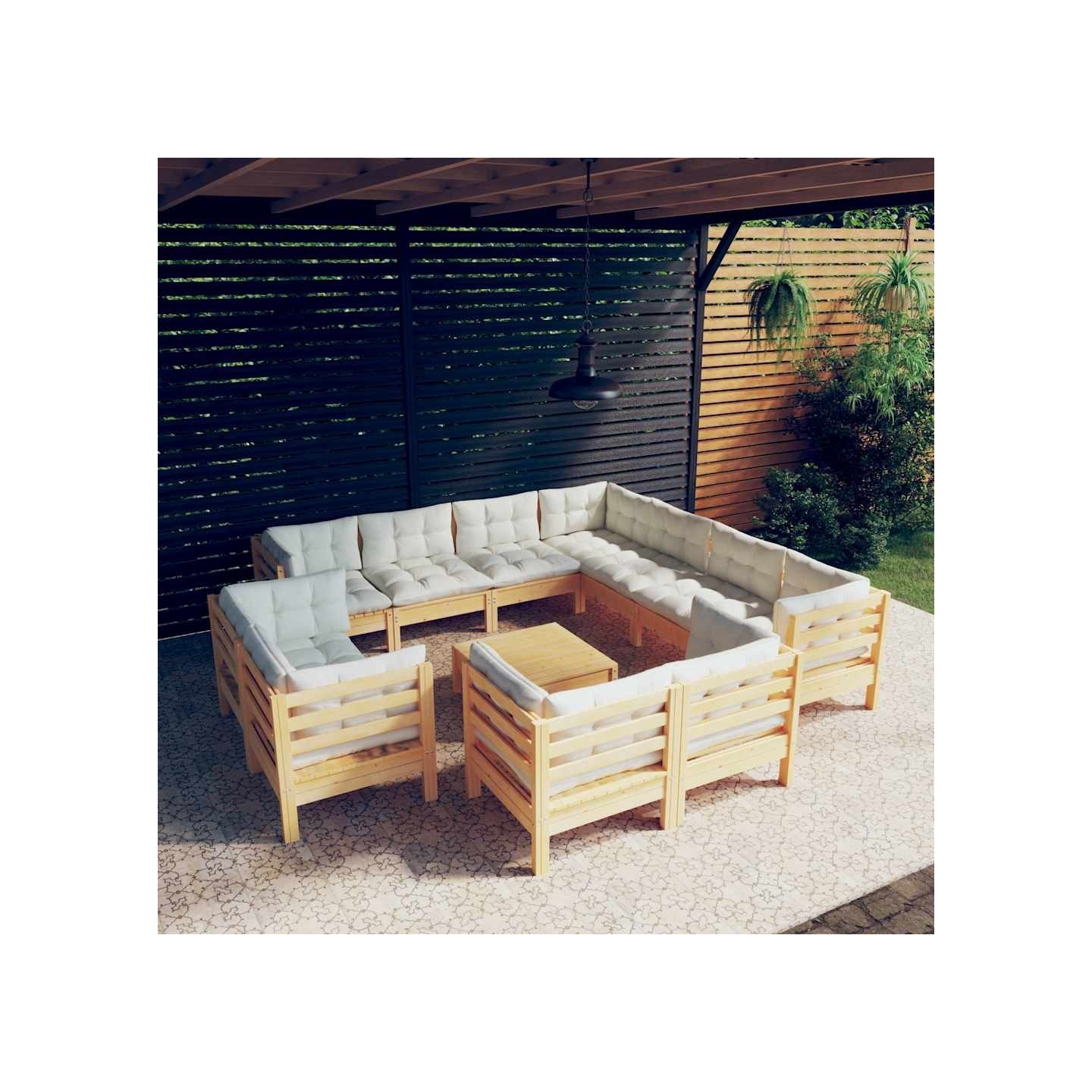 Salon de jardin 12 pcs avec coussins crème Bois de pin massif