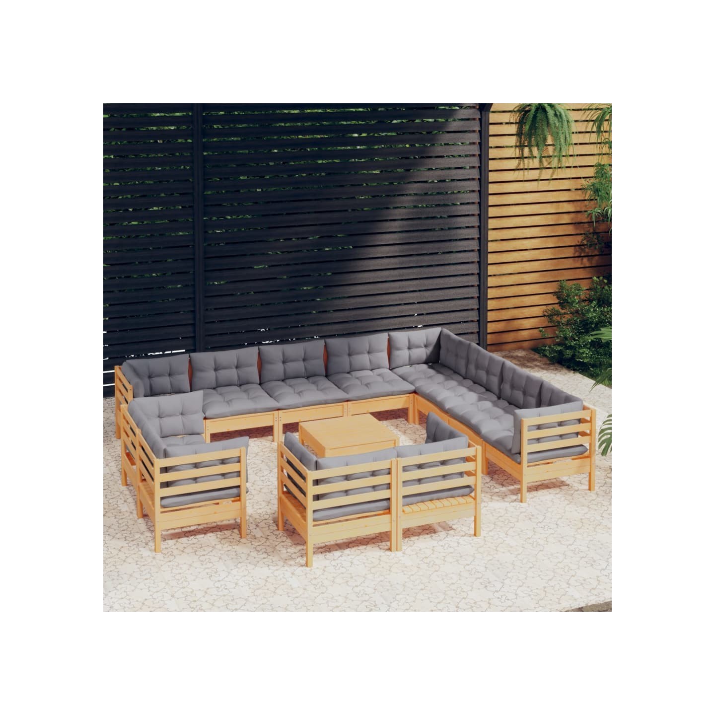 Salon de jardin 13 pcs avec coussins gris Bois de pin solide