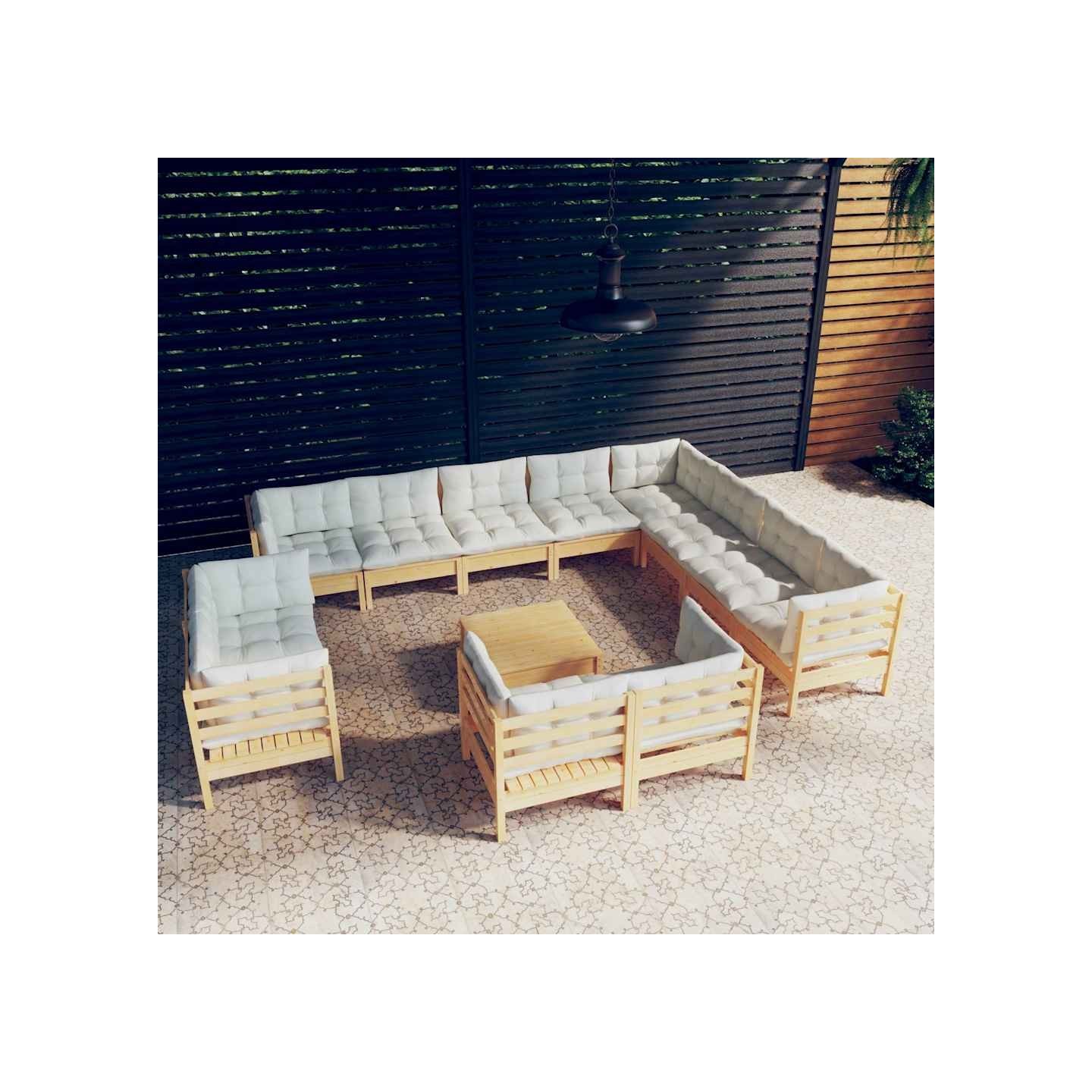 Salon de jardin 13 pcs avec coussins crème Bois de pin solide