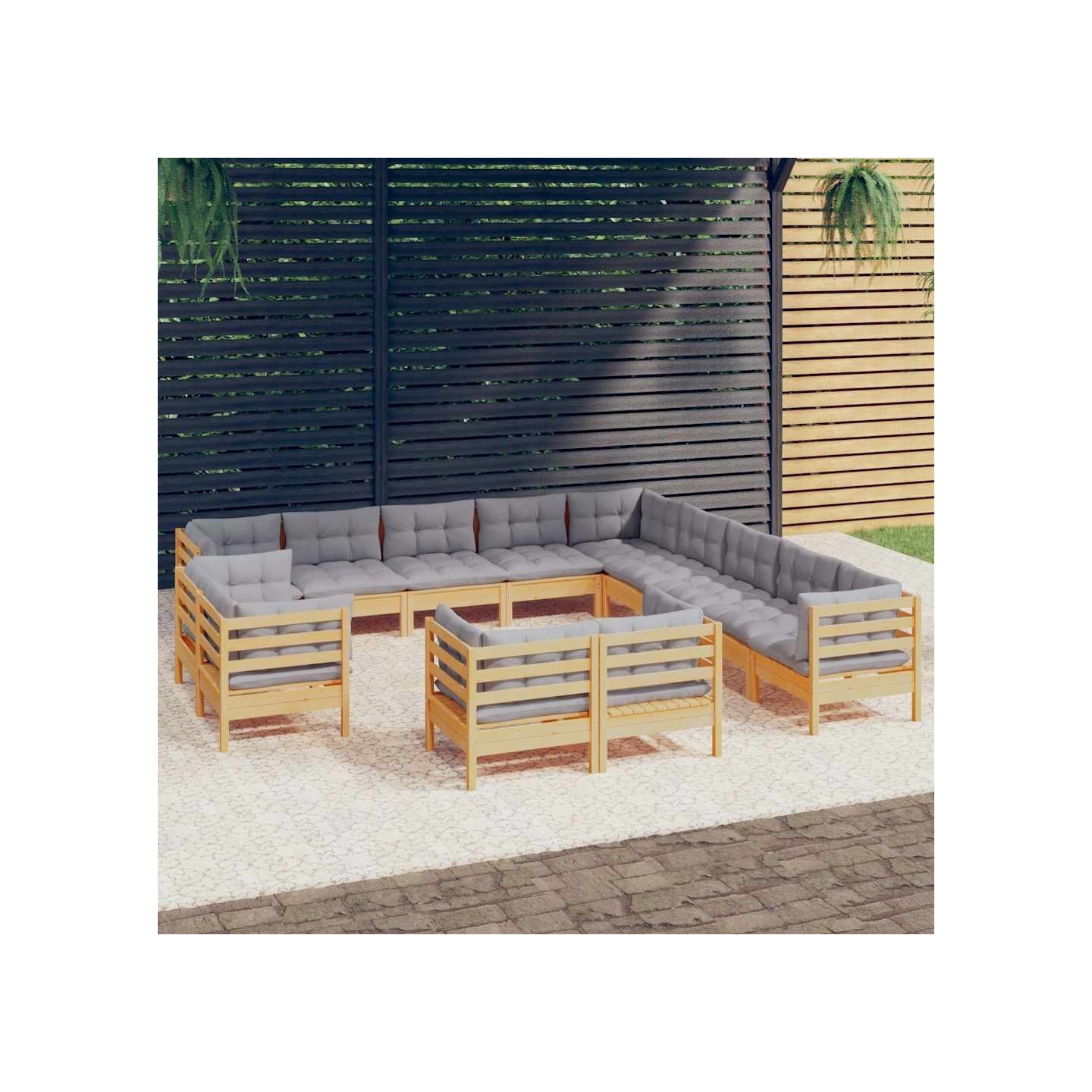 Salon de jardin 13 pcs avec coussins gris Bois de pin solide