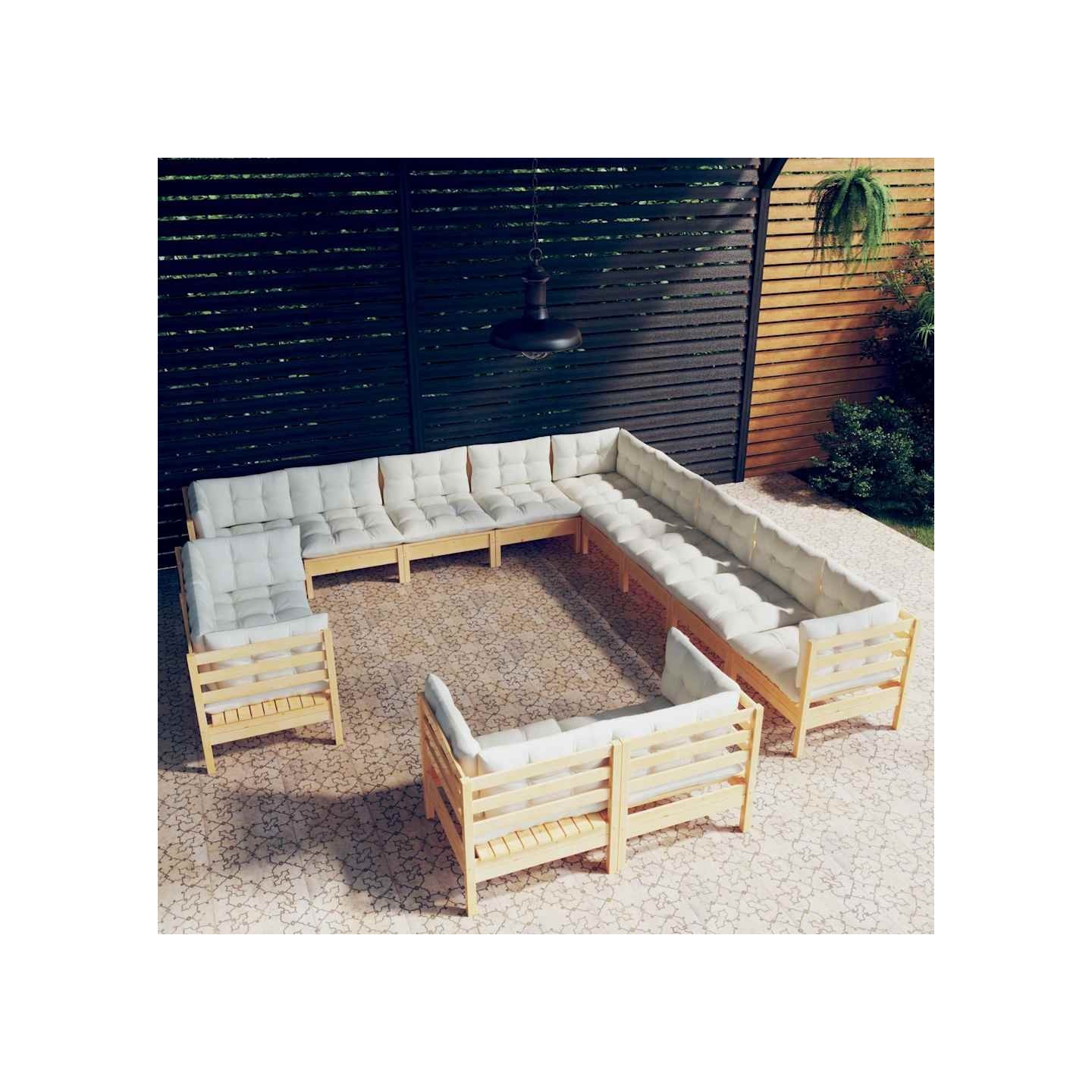 Salon de jardin 13 pcs avec coussins crème Bois de pin solide