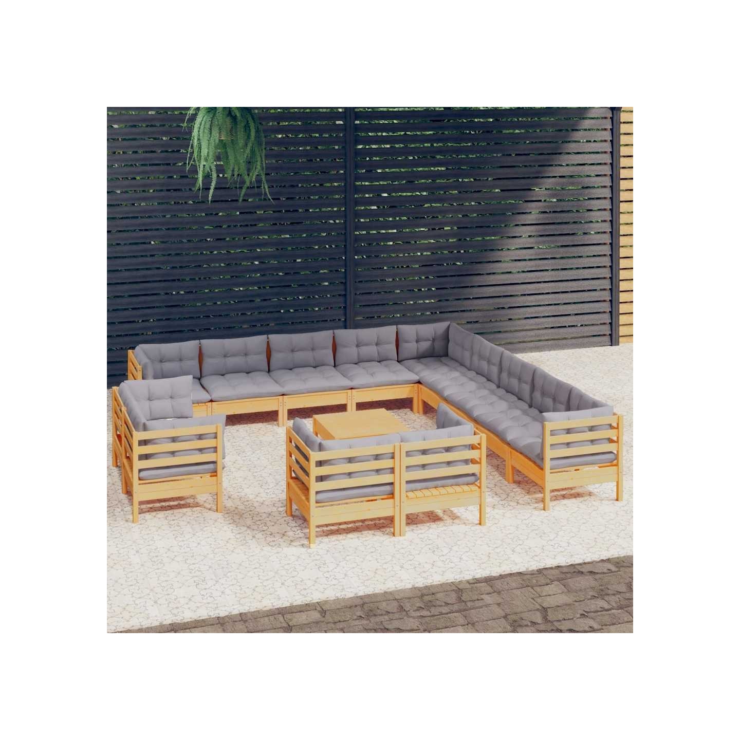 Salon de jardin 14 pcs avec coussins gris Bois de pin solide
