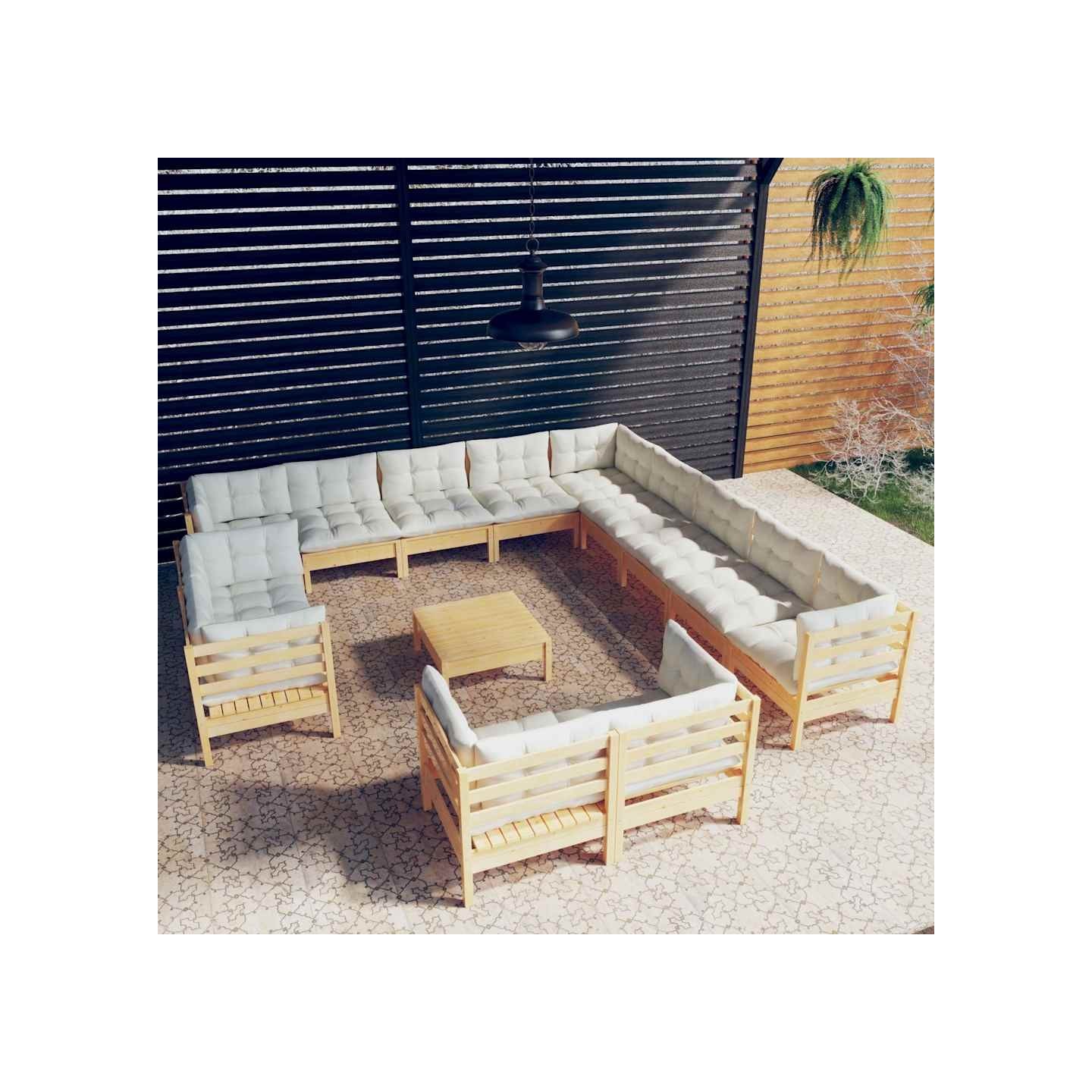 Salon de jardin 14 pcs avec coussins crème Bois de pin solide
