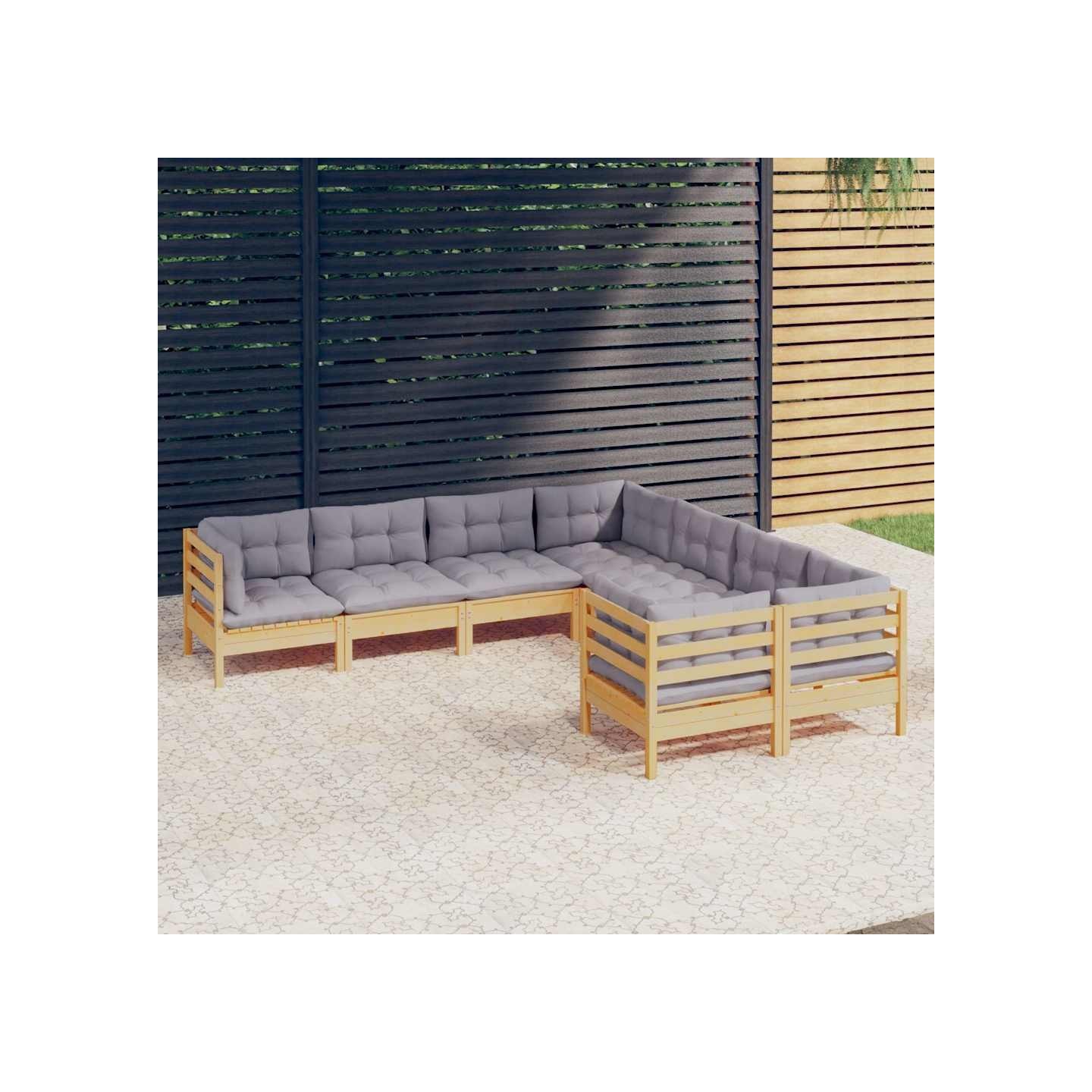 Salon de jardin 8 pcs avec coussins gris Bois de pin massif