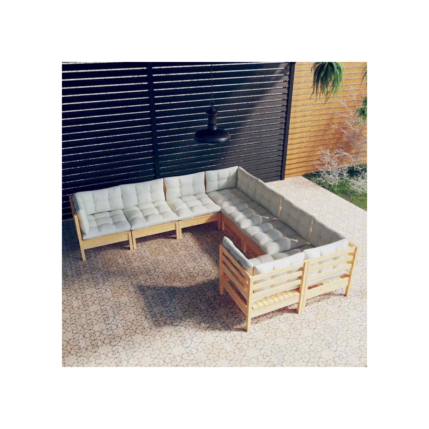 Salon de jardin 8 pcs avec coussins crème Bois de pin massif