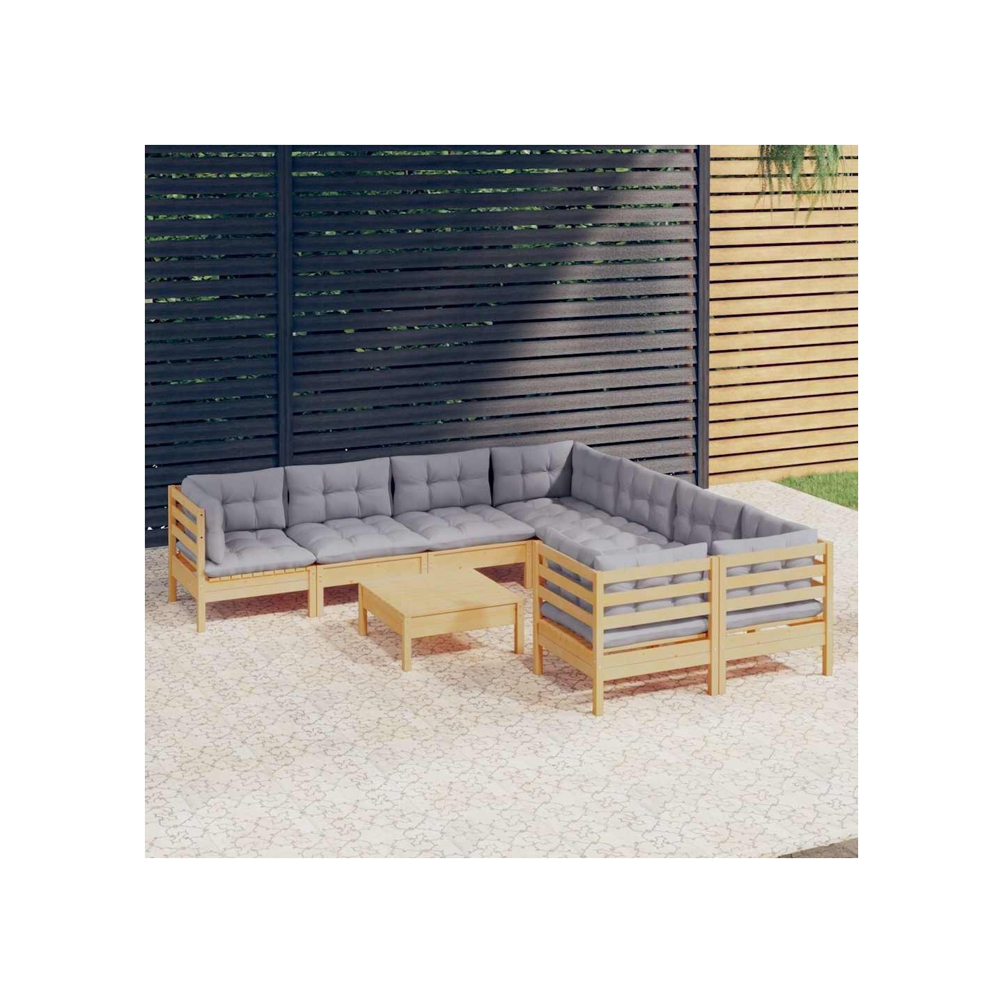 Salon de jardin 9 pcs avec coussins gris bois de pin