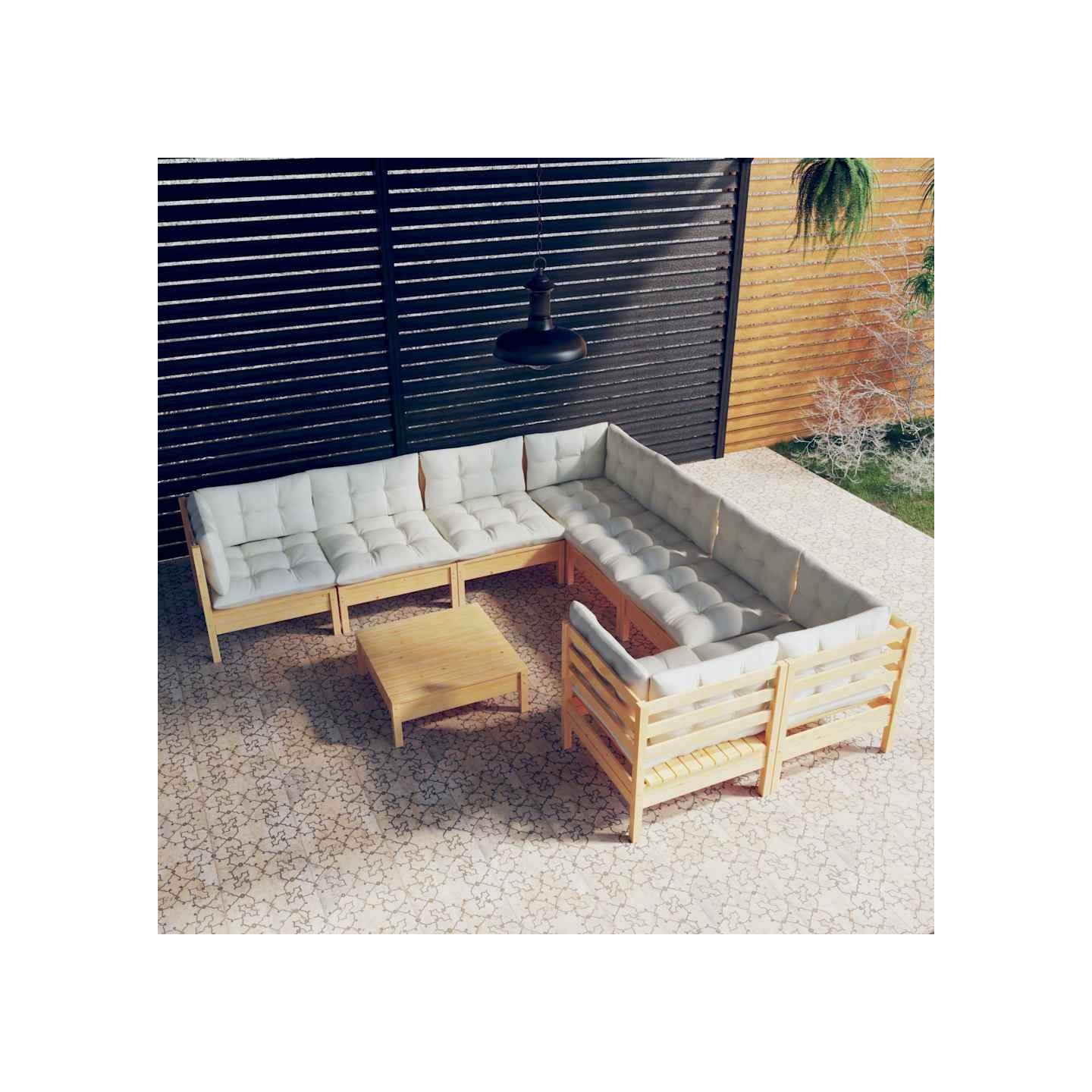 Salon de jardin 9 pcs avec coussins crème bois de pin