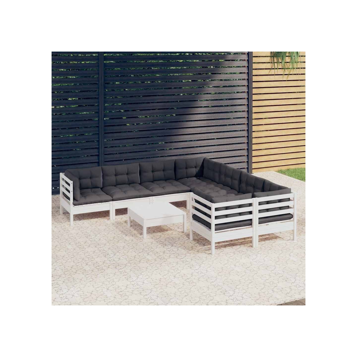 Salon de jardin 9 pcs avec coussins blanc bois de pin