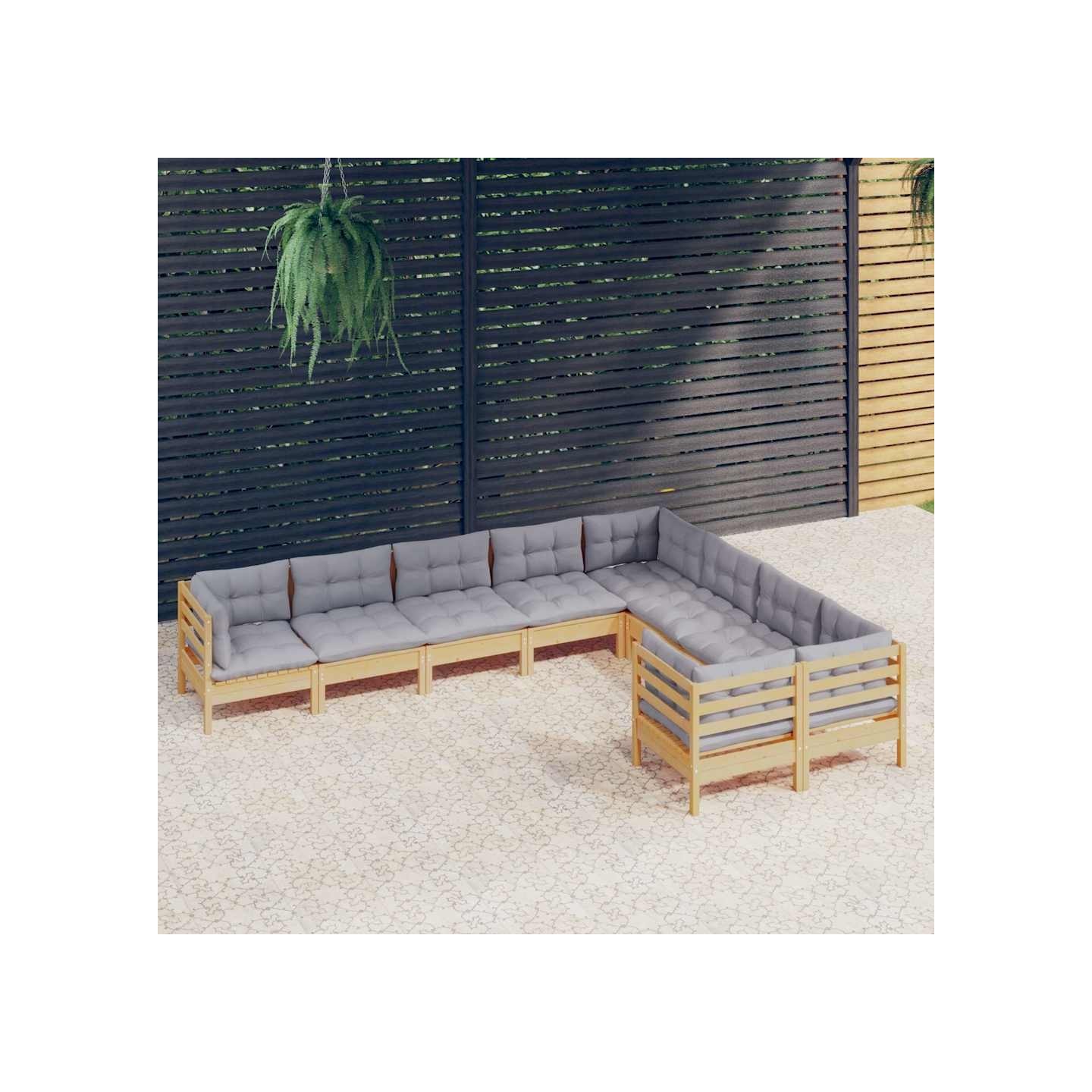 Salon de jardin 9 pcs avec coussins gris bois de pin