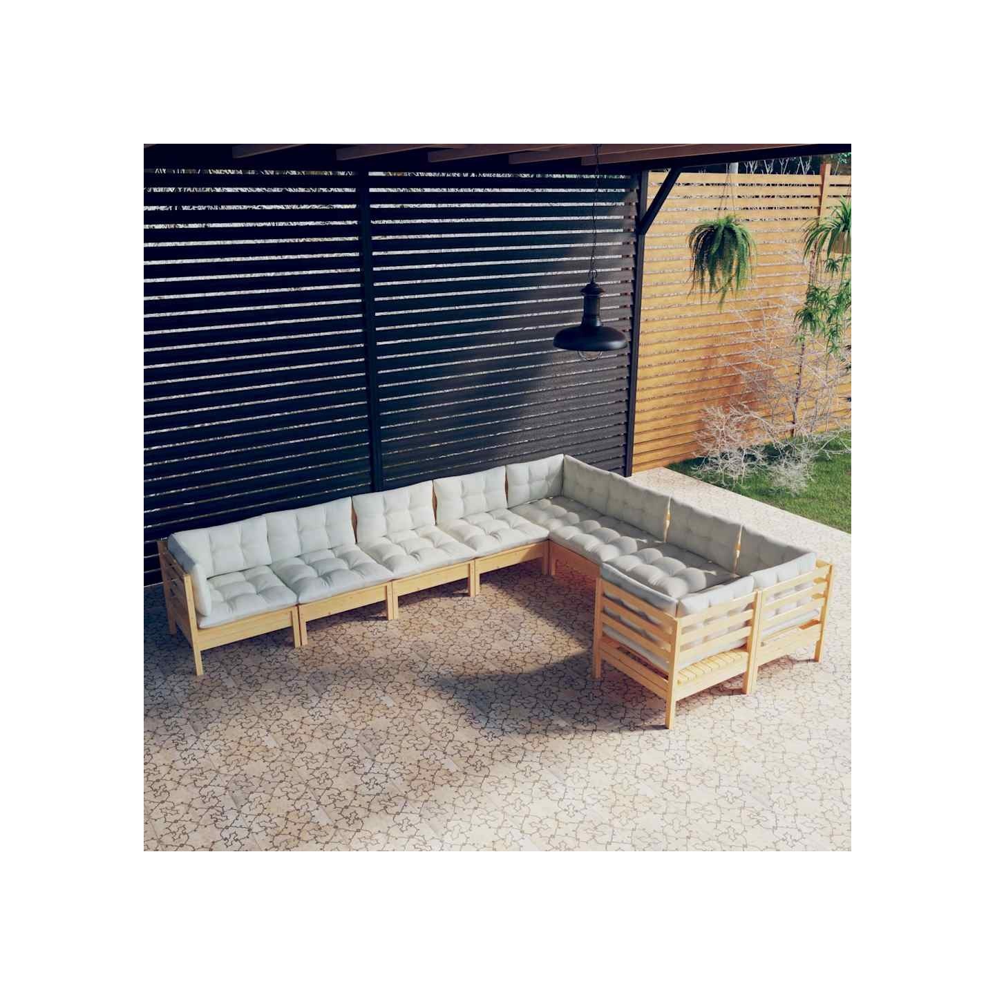 Salon de jardin 9 pcs avec coussins crème bois de pin