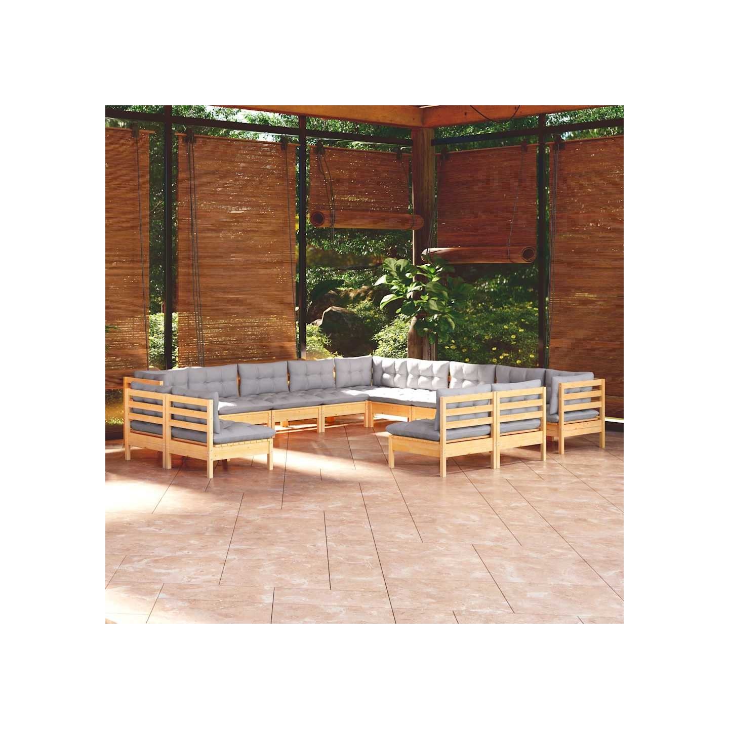 Salon de jardin 13 pcs avec coussins gris bois de pin massif