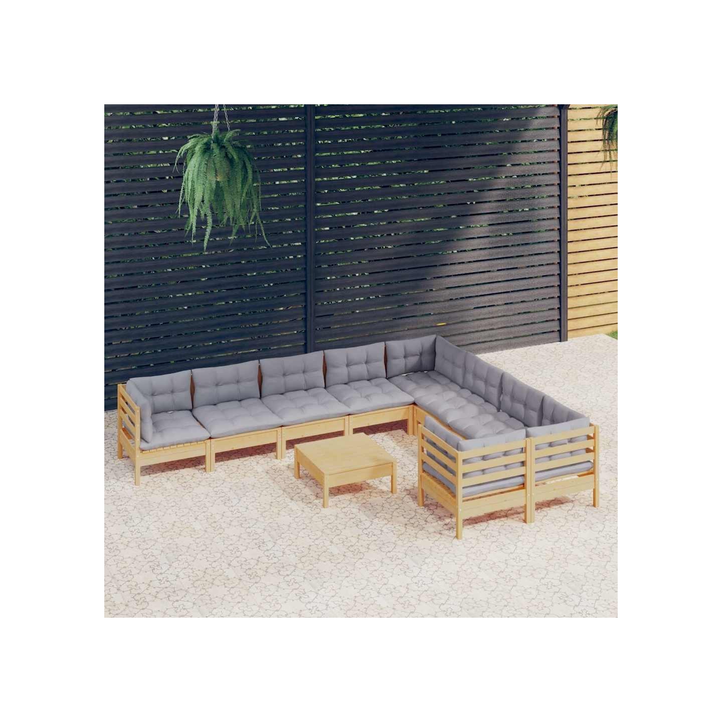 Salon de jardin 10 pcs avec coussins gris Bois de pin