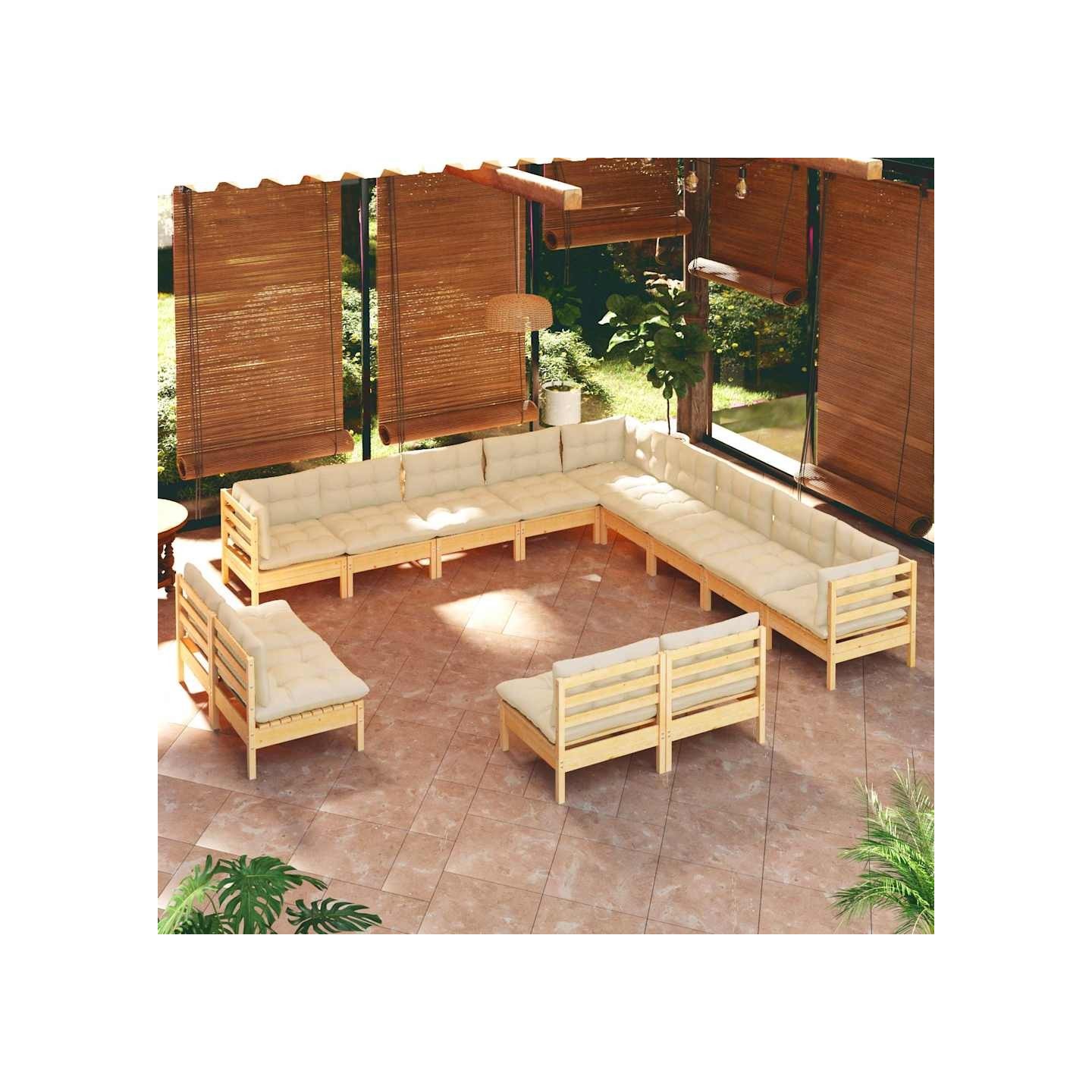 Salon de jardin 13 pcs avec coussins crème Bois de pin massif