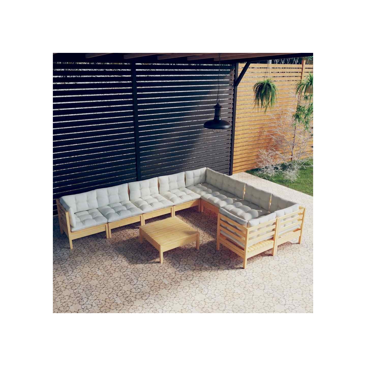 Salon de jardin 10 pcs avec coussins crème Bois de pin