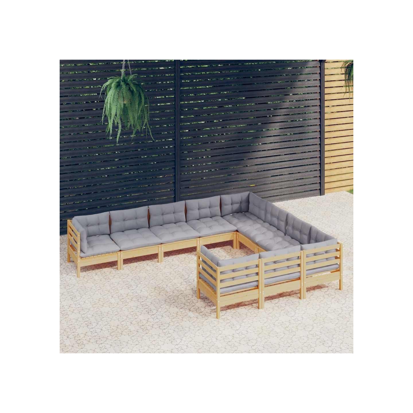 Salon de jardin 10 pcs avec coussins gris Bois de pin