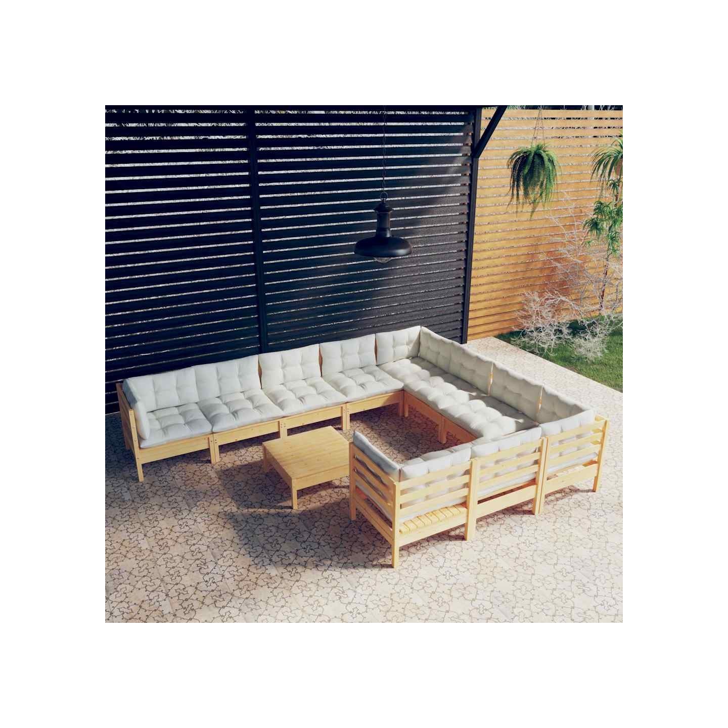 Salon de jardin 11 pcs avec coussins crème bois de pin