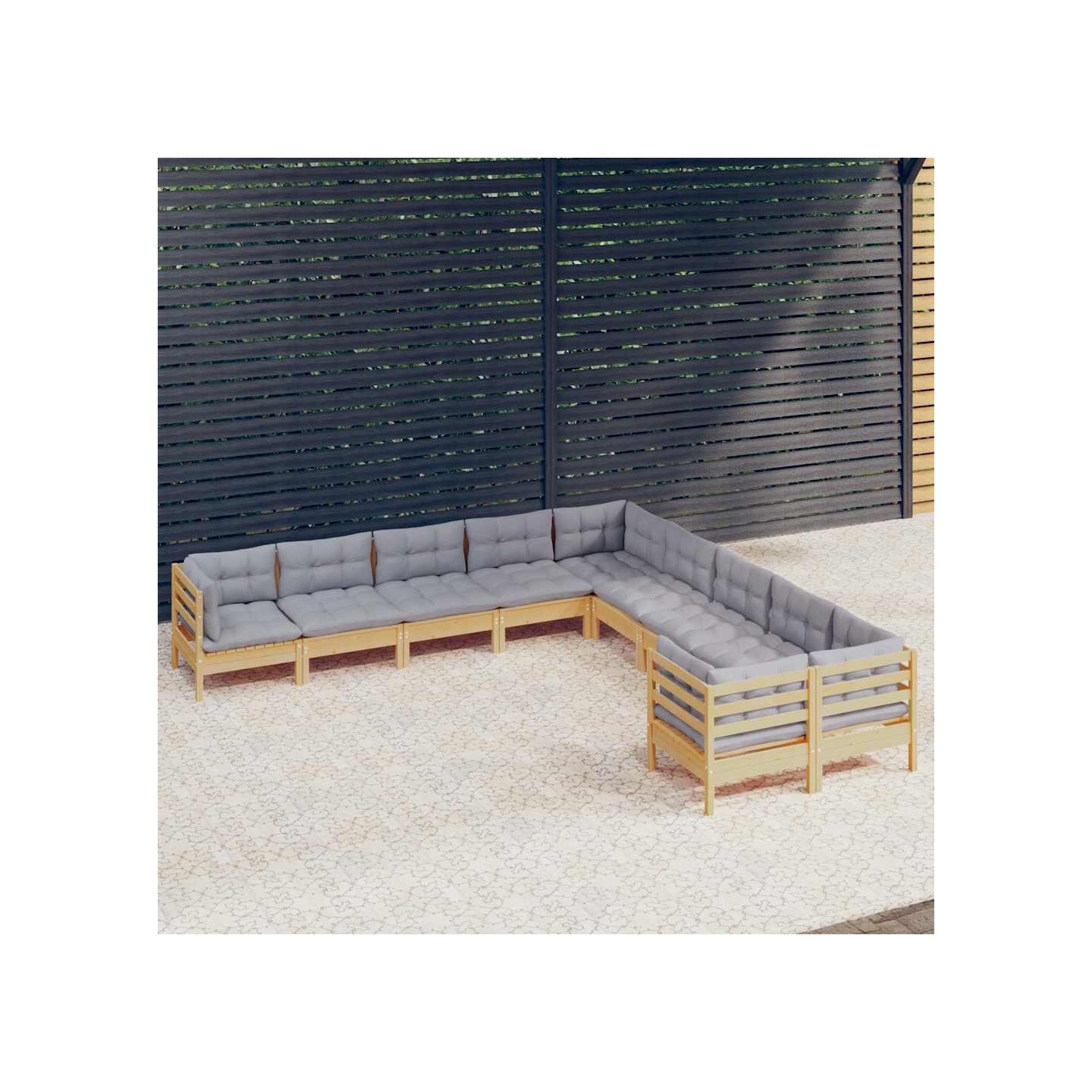 Salon de jardin 10 pcs avec coussins gris Bois de pin
