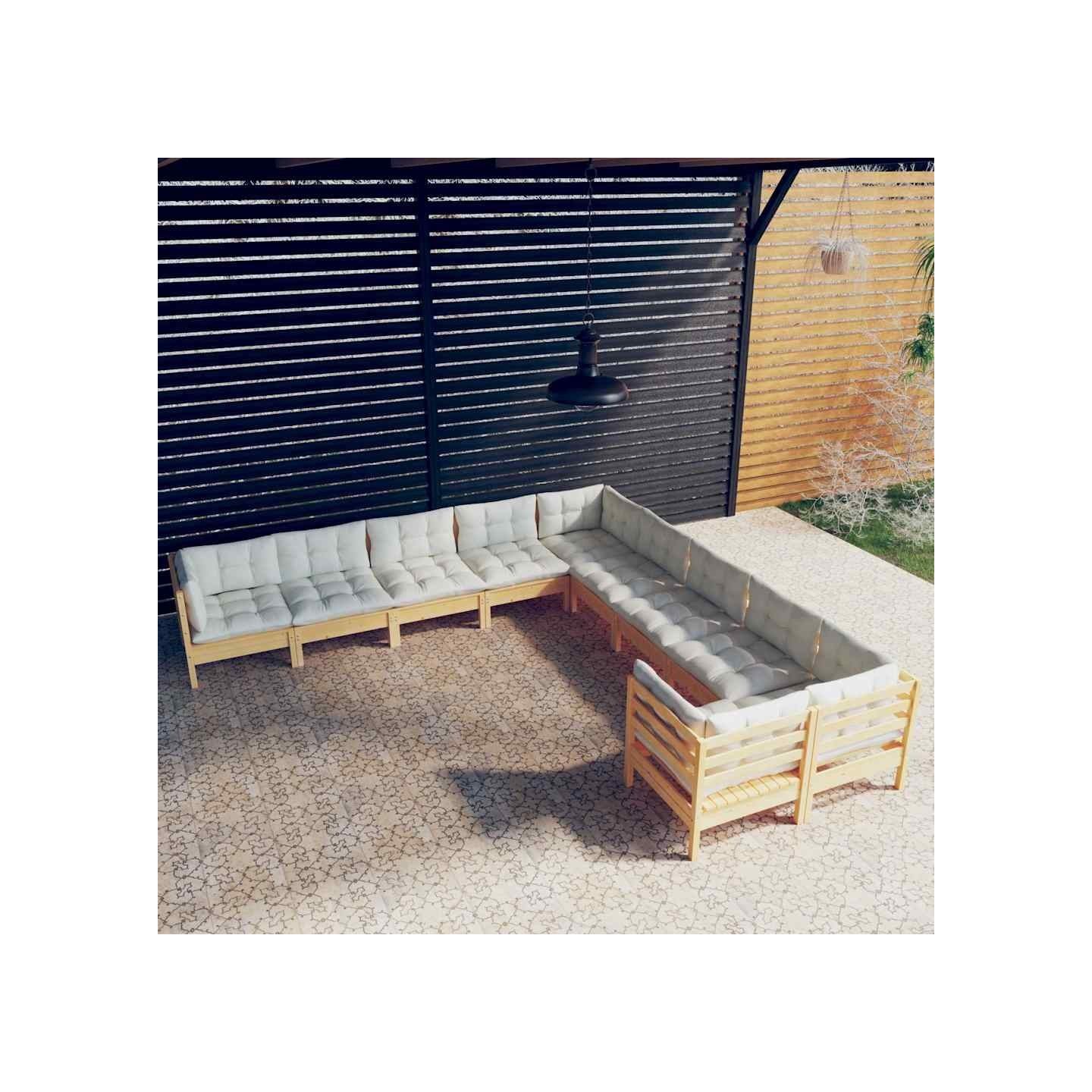 Salon de jardin 10 pcs avec coussins crème Bois de pin