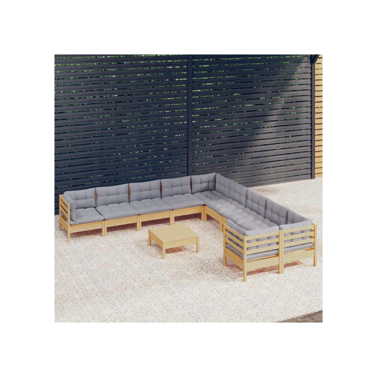 Salon de jardin 11 pcs avec coussins gris bois de pin