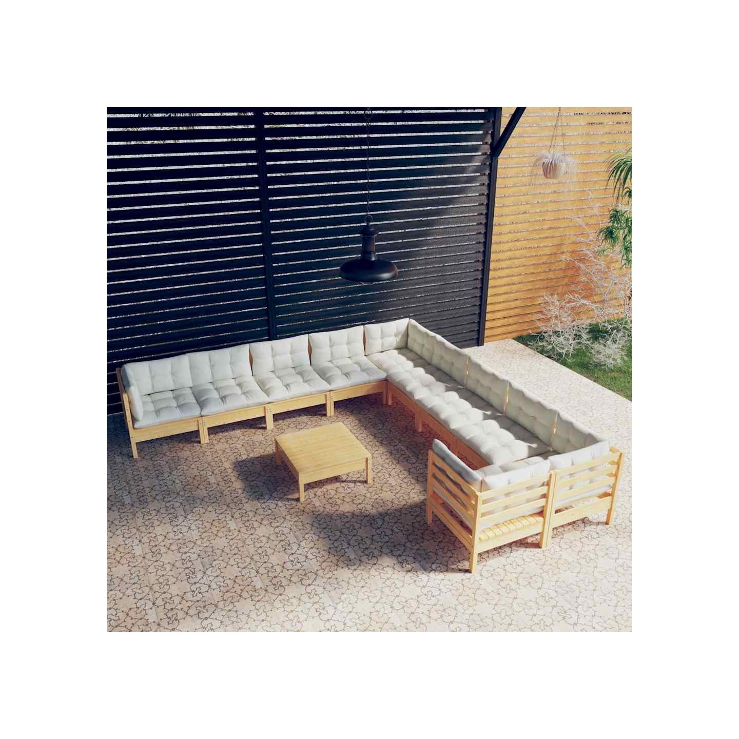 Salon de jardin 11 pcs avec coussins crème bois de pin