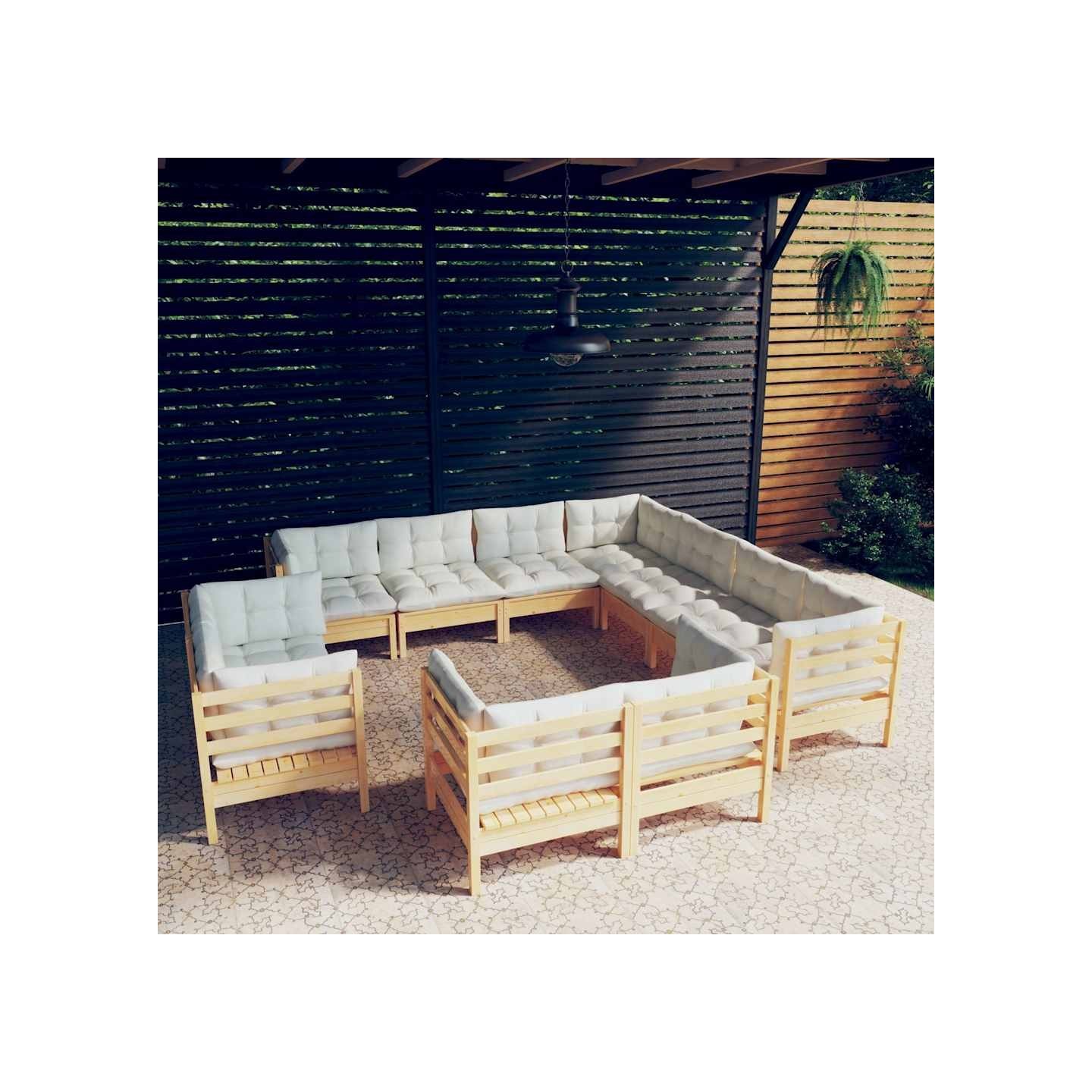 Salon de jardin 11 pcs avec coussins crème Bois de pin solide