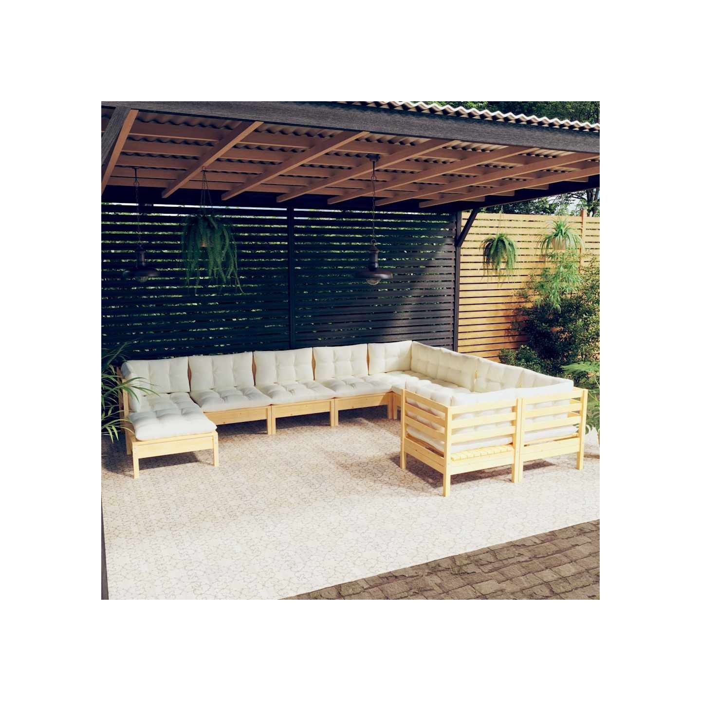 Salon de jardin 10 pcs avec coussins crème Bois de pin