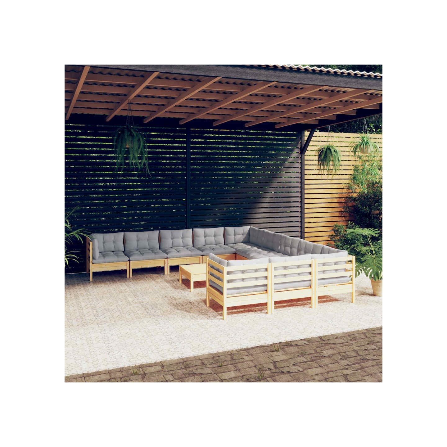Salon de jardin 12 pcs avec coussins gris Bois de pin