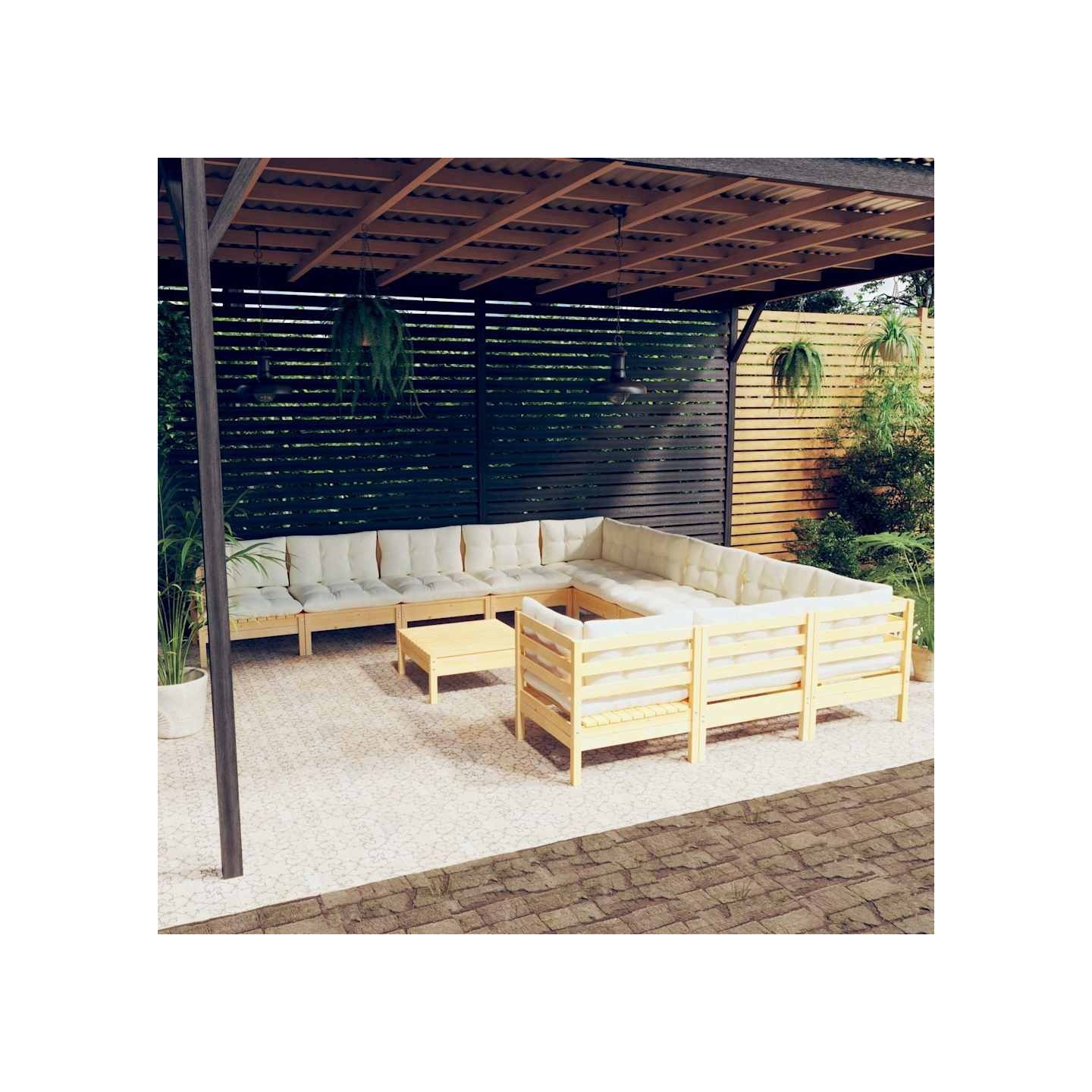 Salon de jardin 12 pcs avec coussins crème Bois de pin