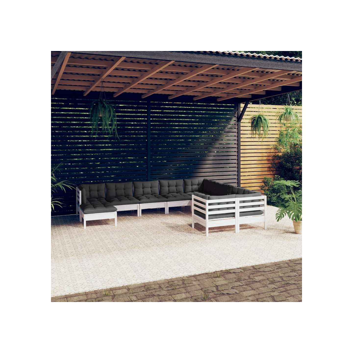 Salon de jardin 10 pcs avec coussins blanc bois de pin