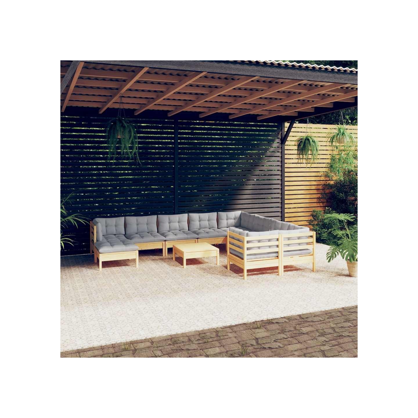 Salon de jardin 11 pcs avec coussins gris bois de pin