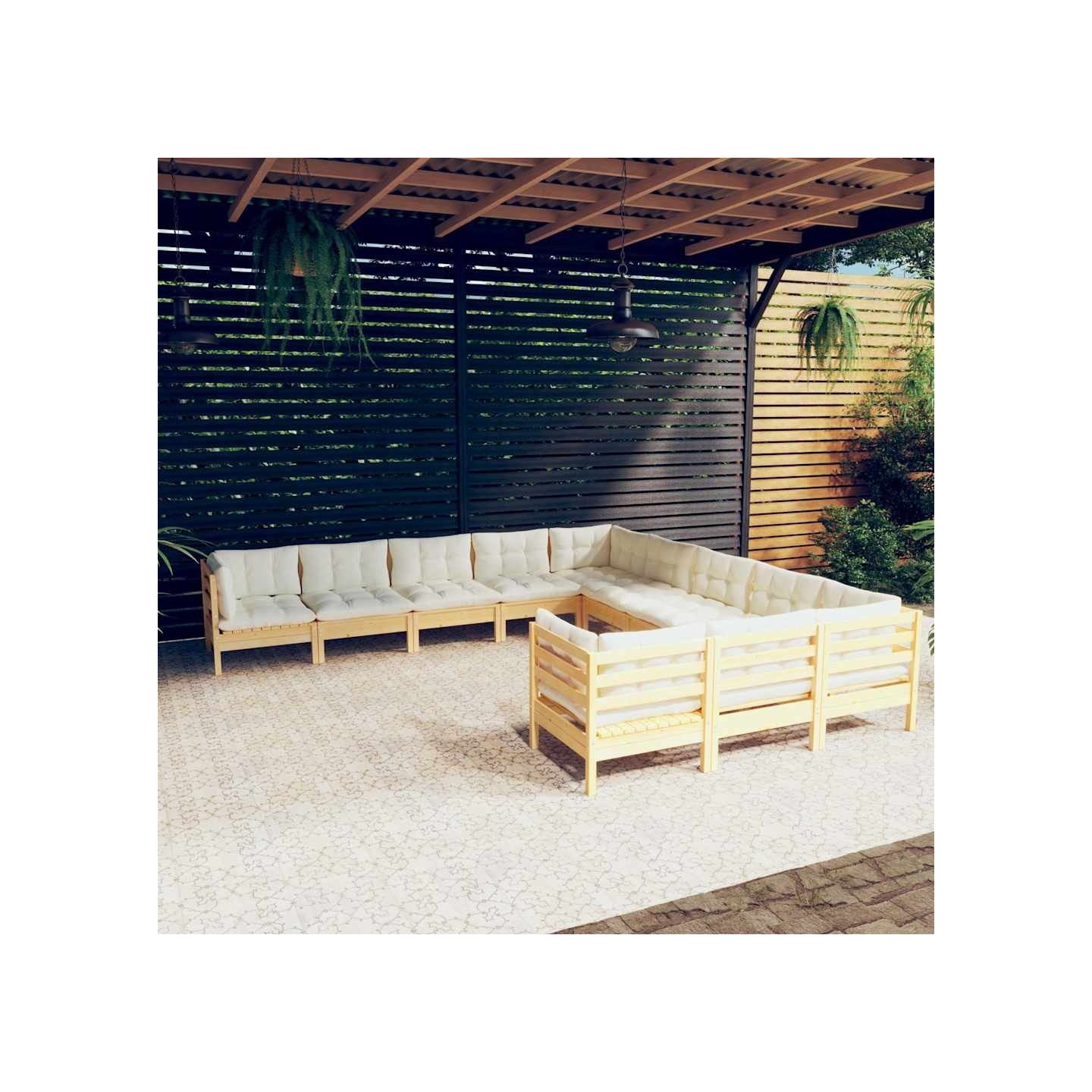 Salon de jardin 11 pcs avec coussins crème bois de pin