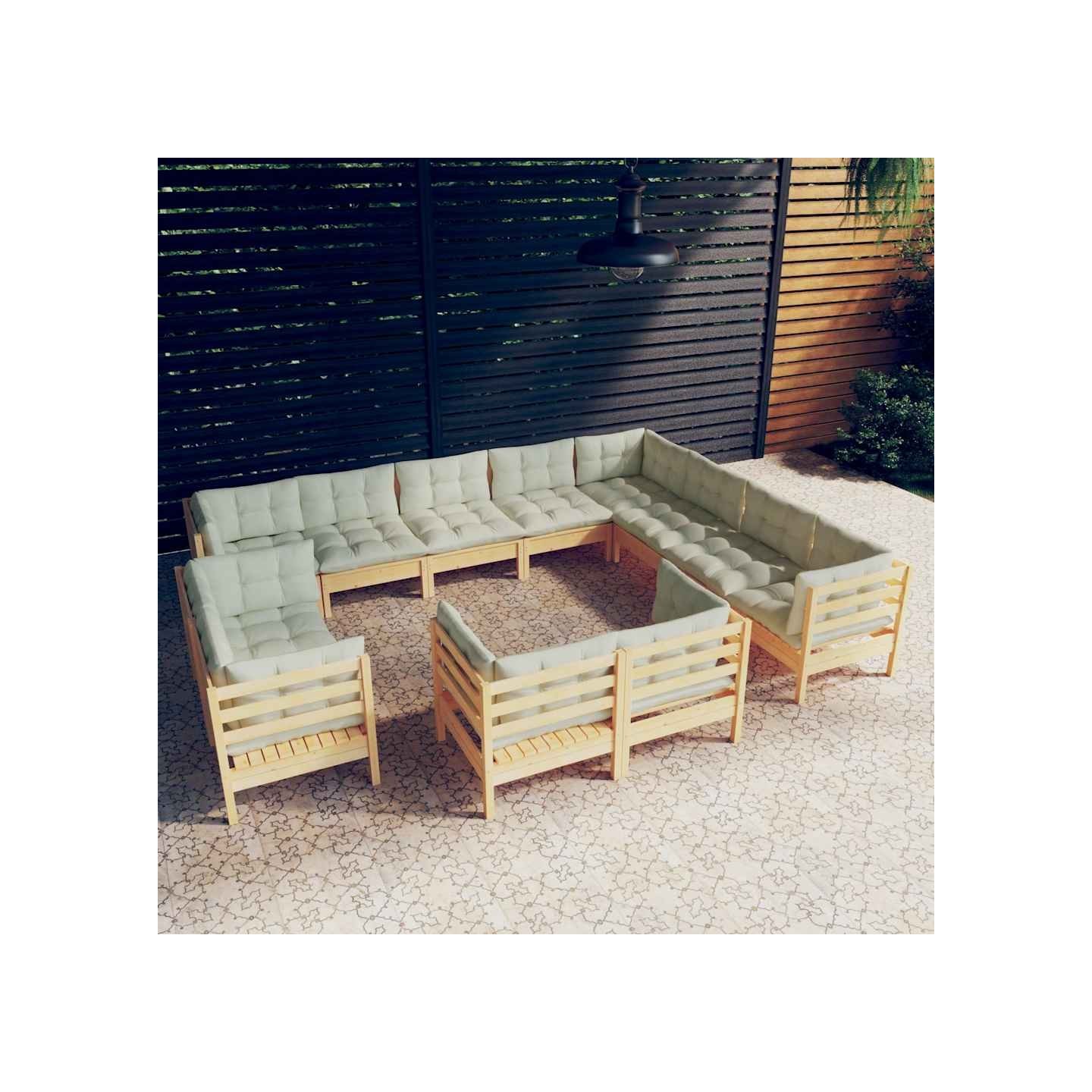 Salon de jardin 12 pcs avec coussins crème Bois de pin massif