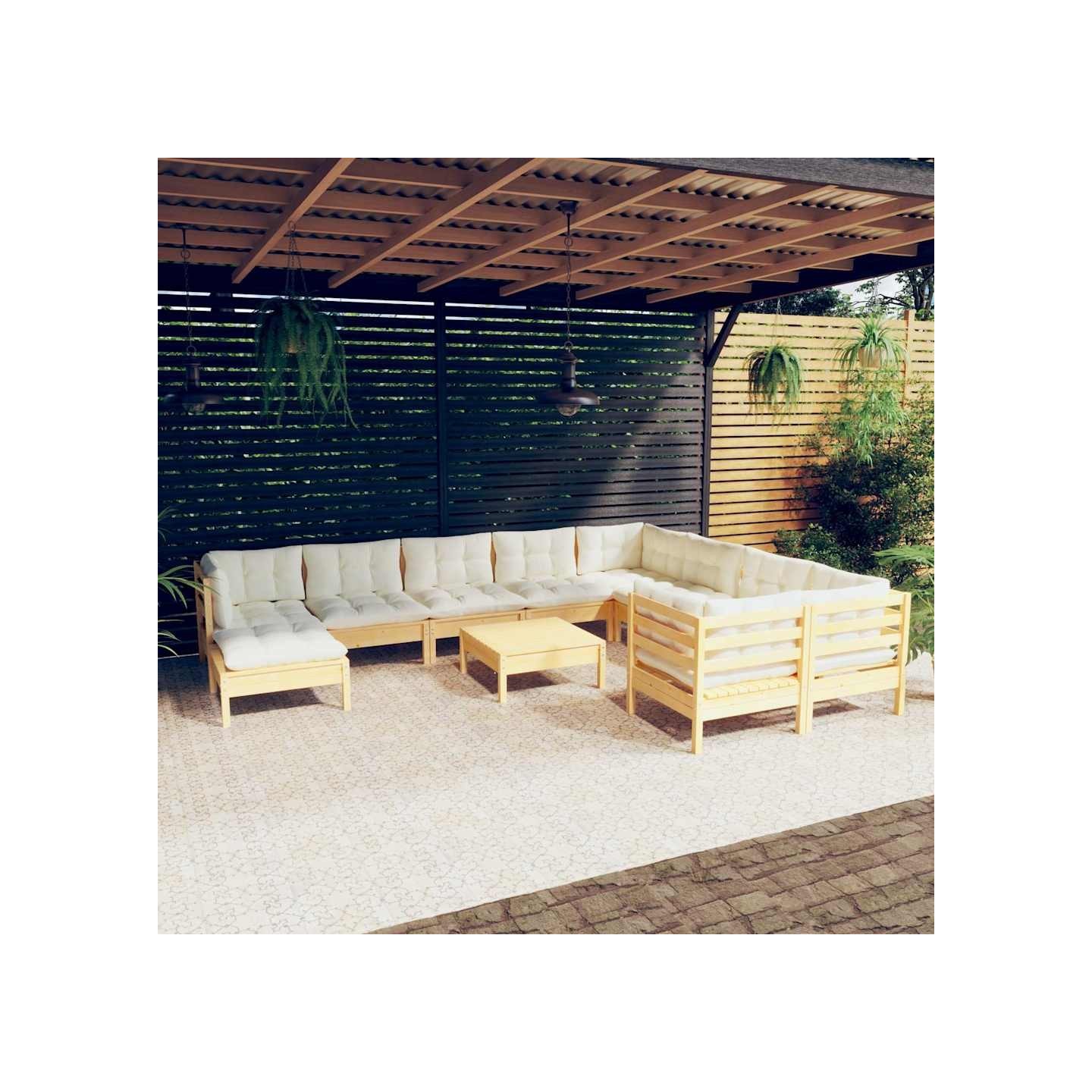 Salon de jardin 11 pcs avec coussins crème bois de pin