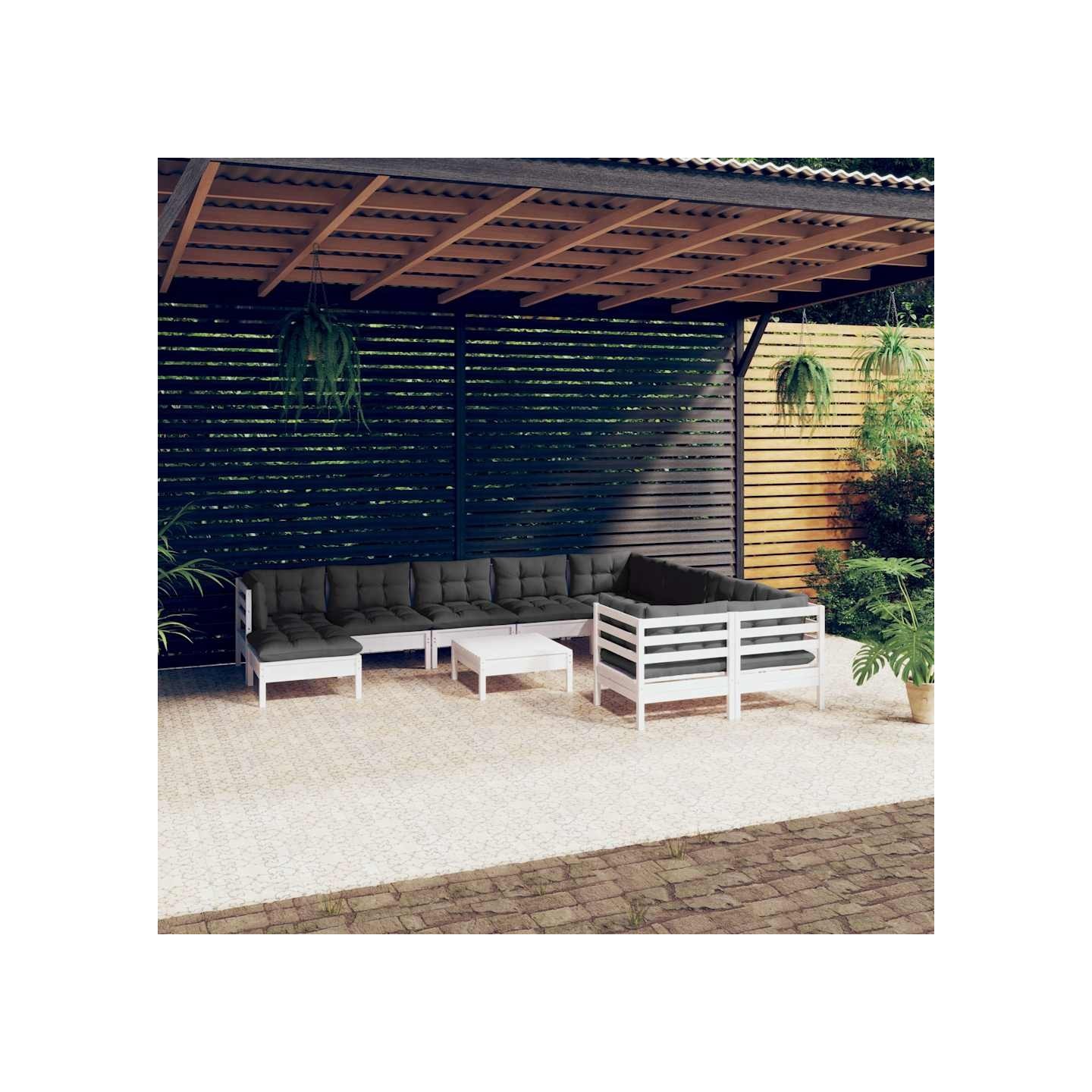 Salon de jardin 11 pcs avec coussins blanc bois de pin