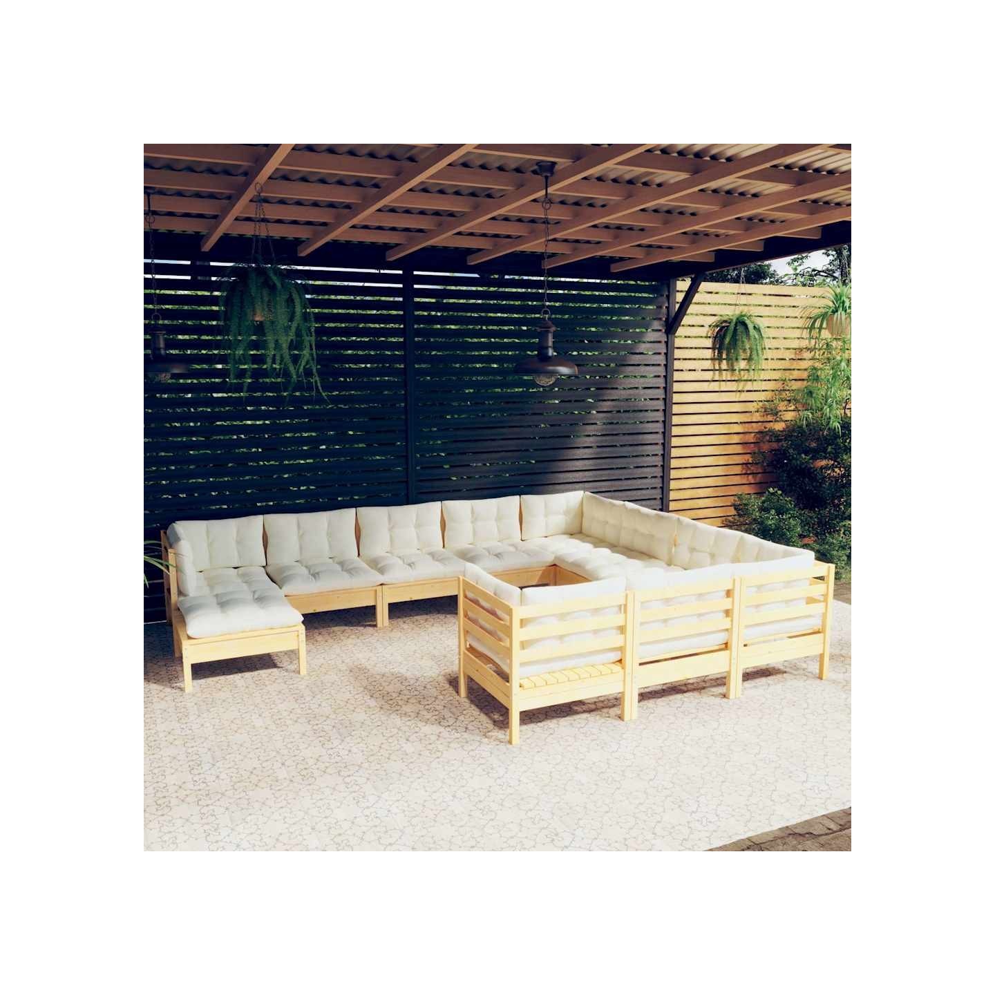 Salon de jardin 11 pcs avec coussins crème bois de pin