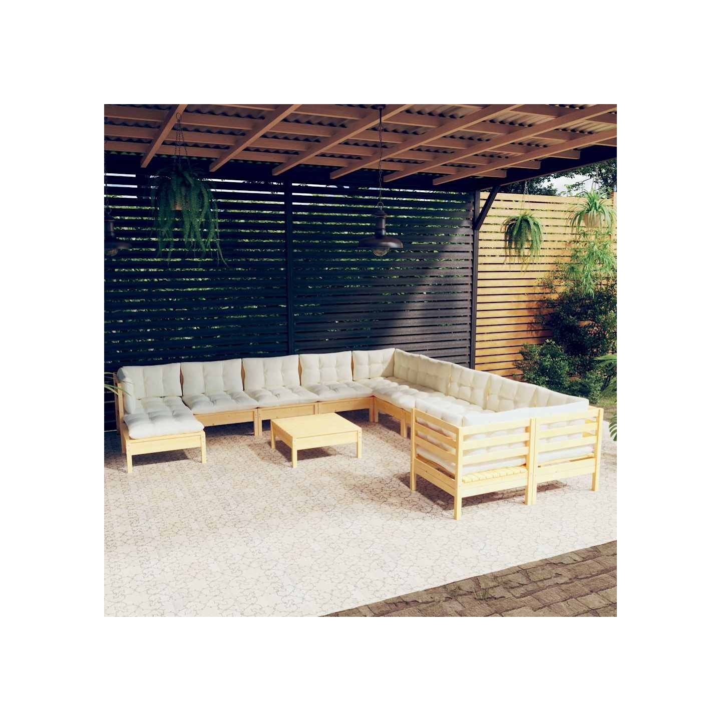 Salon de jardin 12 pcs avec coussins crème Bois de pin