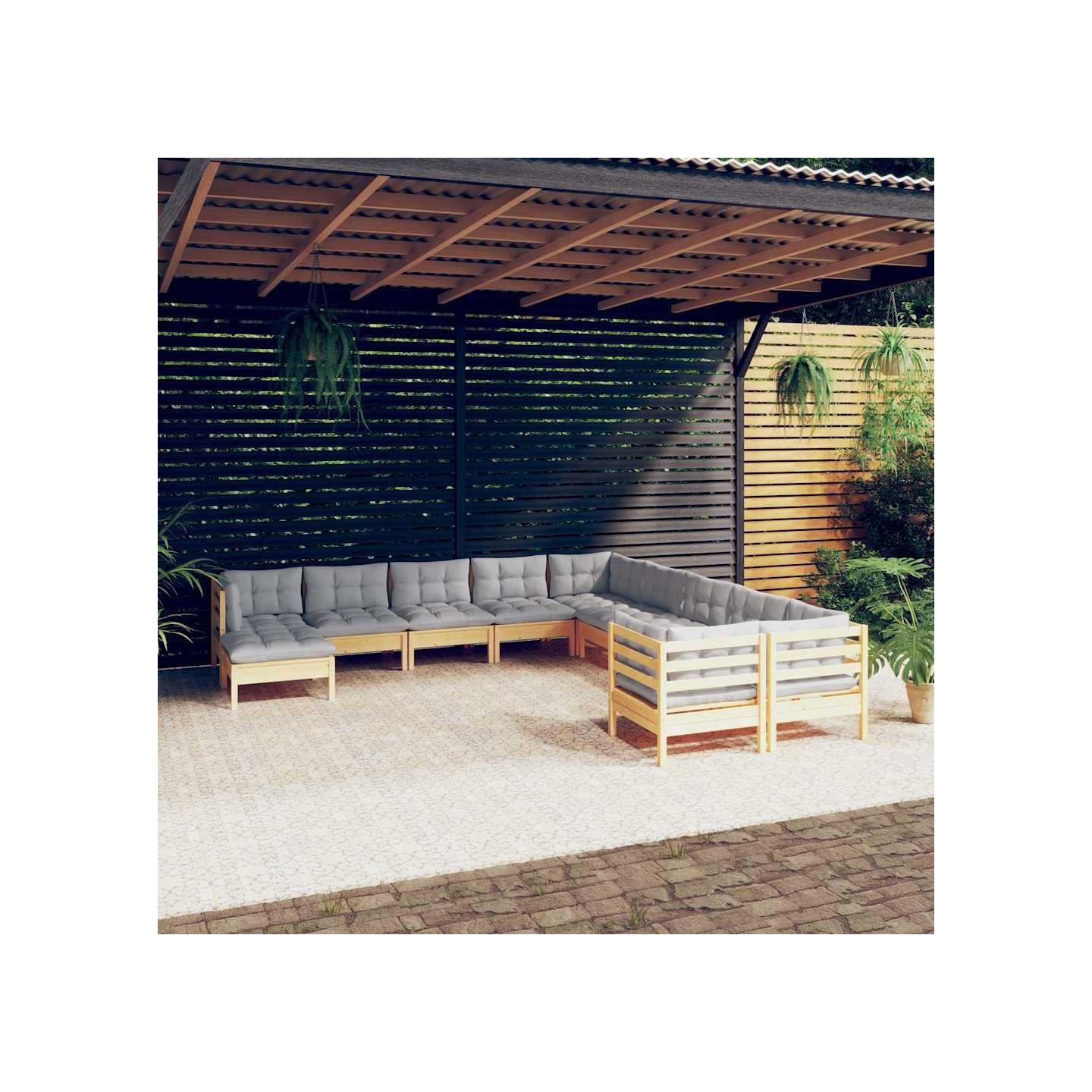 Salon de jardin 11 pcs avec coussins gris bois de pin