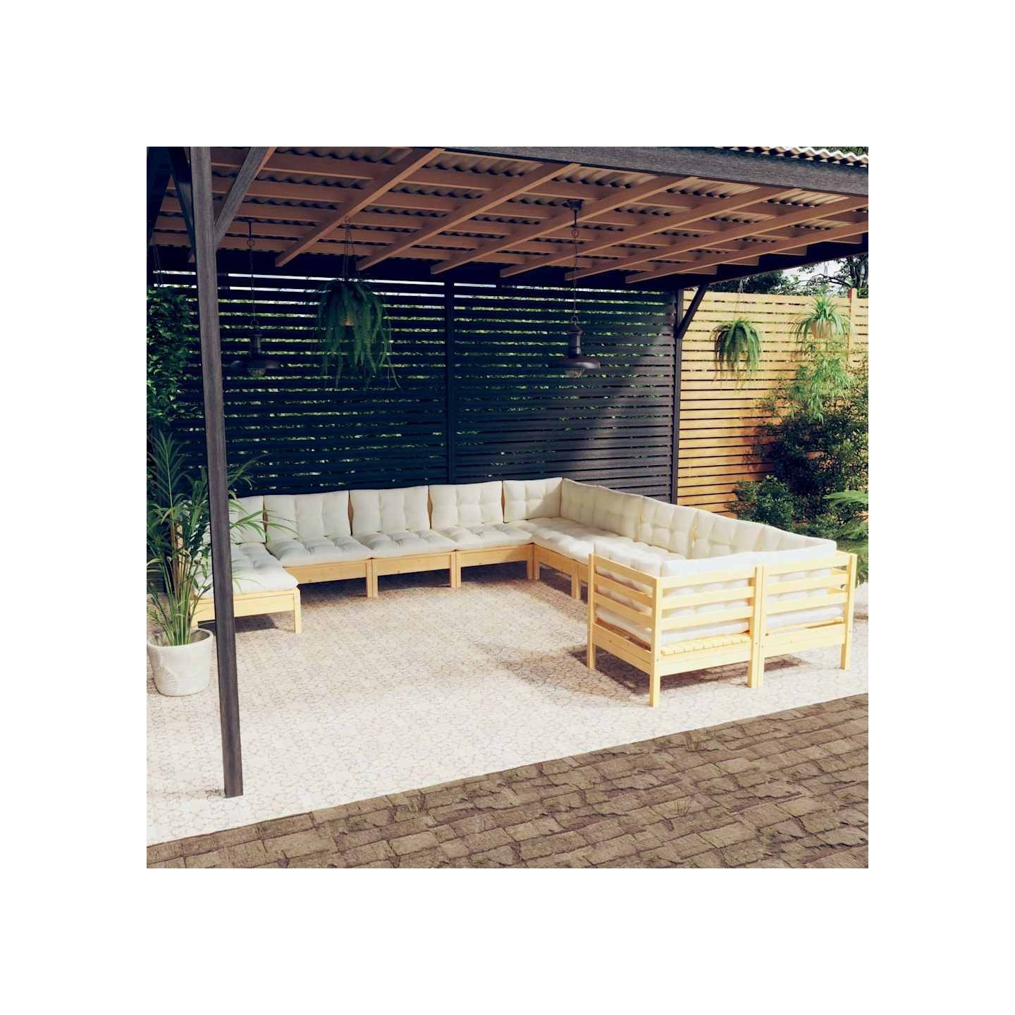 Salon de jardin 11 pcs avec coussins crème bois de pin