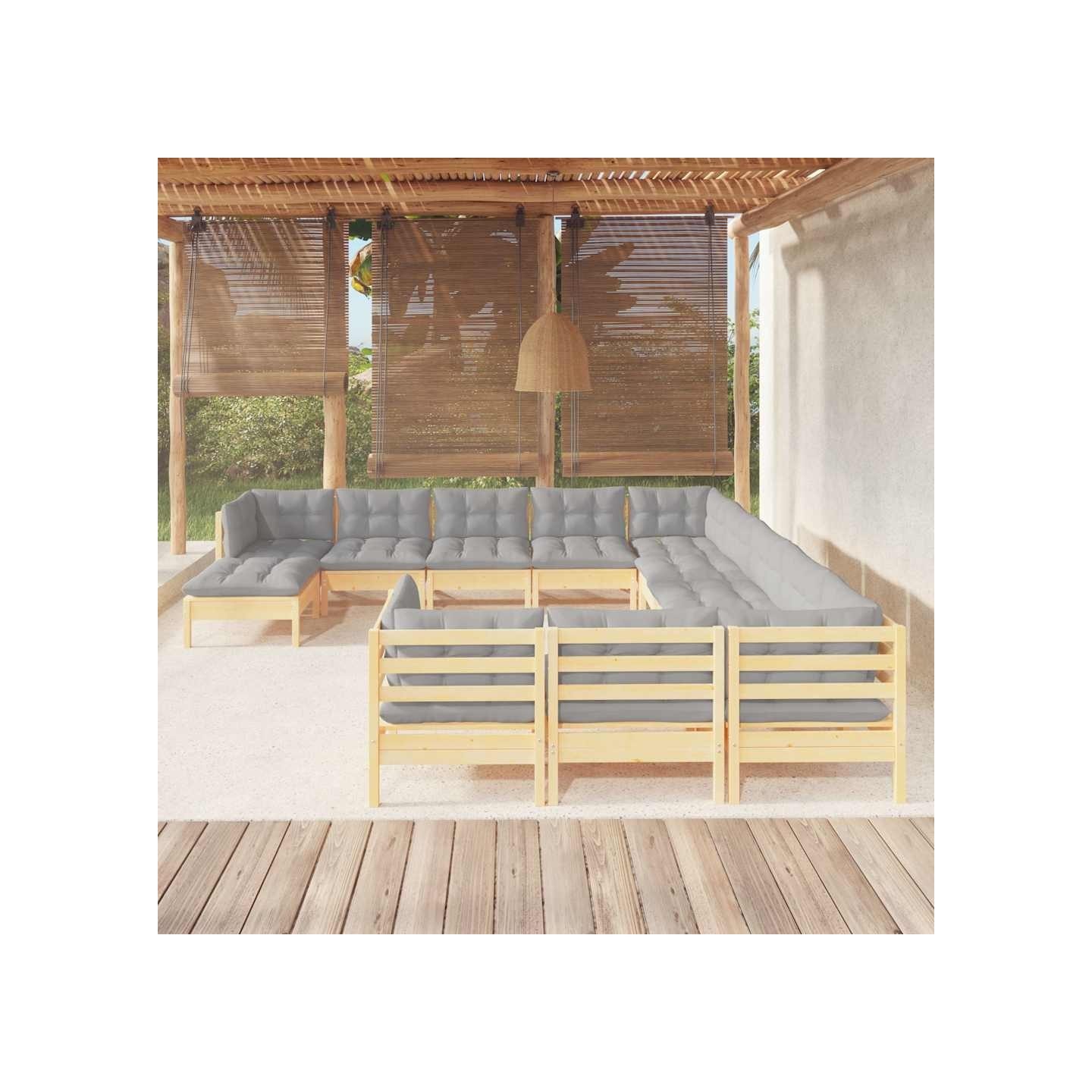 Salon de jardin 12 pcs avec coussins gris Bois de pin